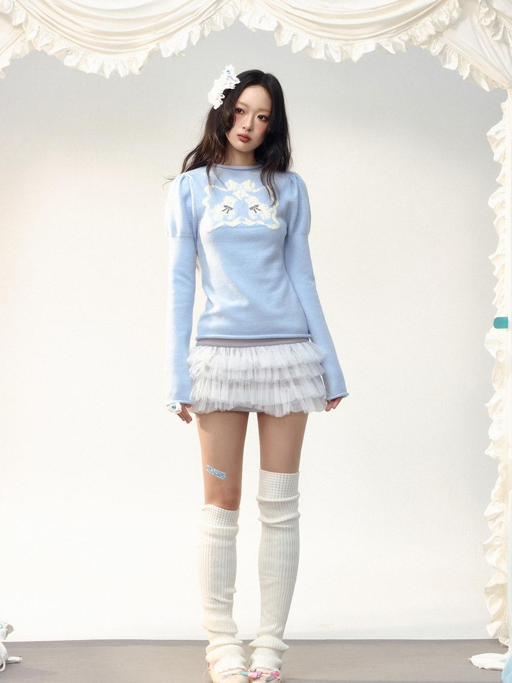 No nuts Bow Trim Puff Sleeve Knit Women's Polyester Sweaters
