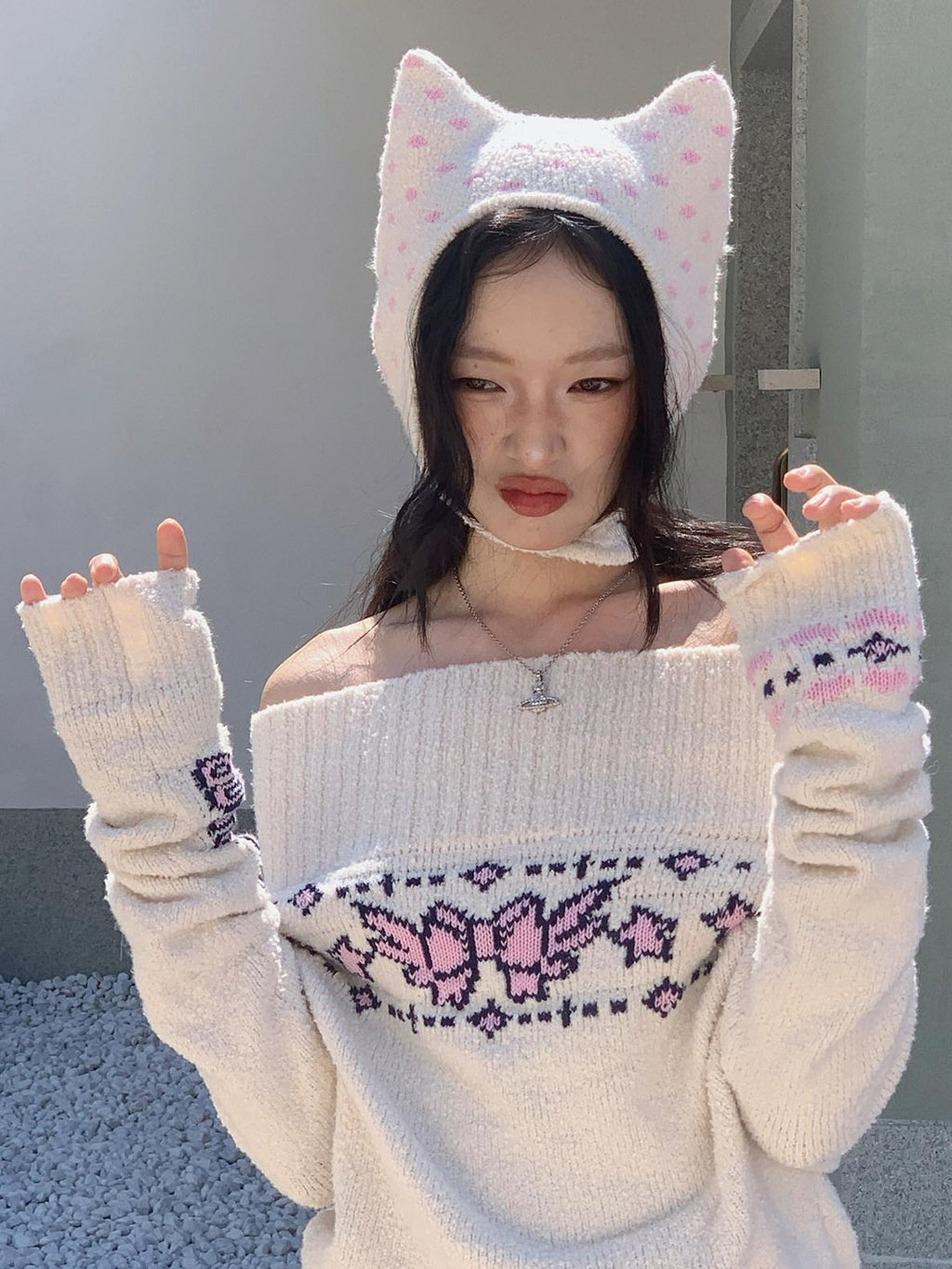 No nuts Cat Ear Fuzzy Polka Dot Bow Jacquard Knit Women's Wool Beanies