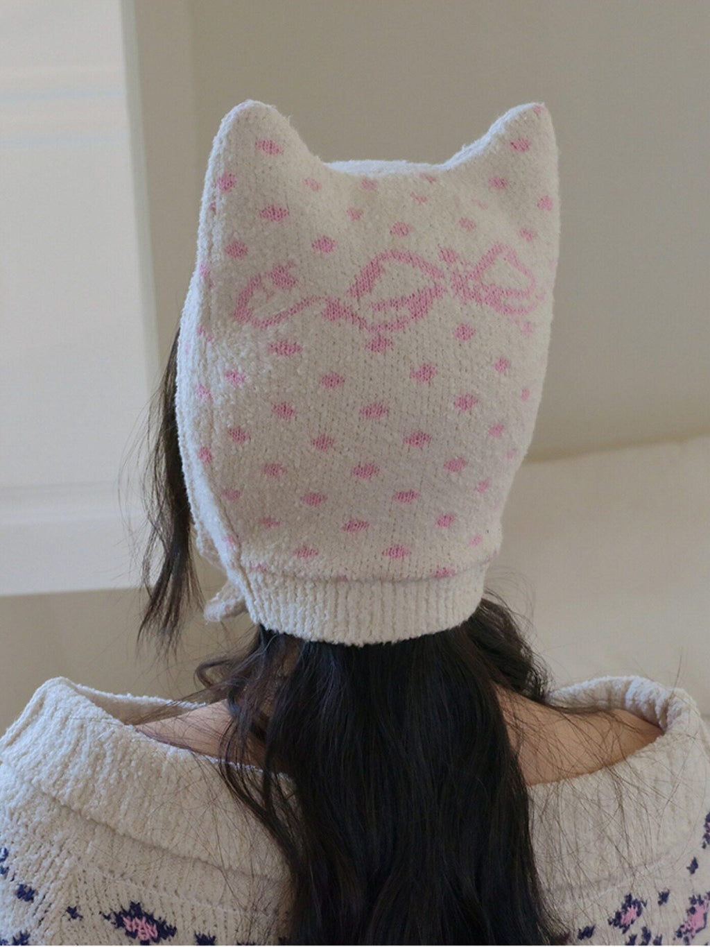 No nuts Cat Ear Fuzzy Polka Dot Bow Jacquard Knit Women's Wool Beanies