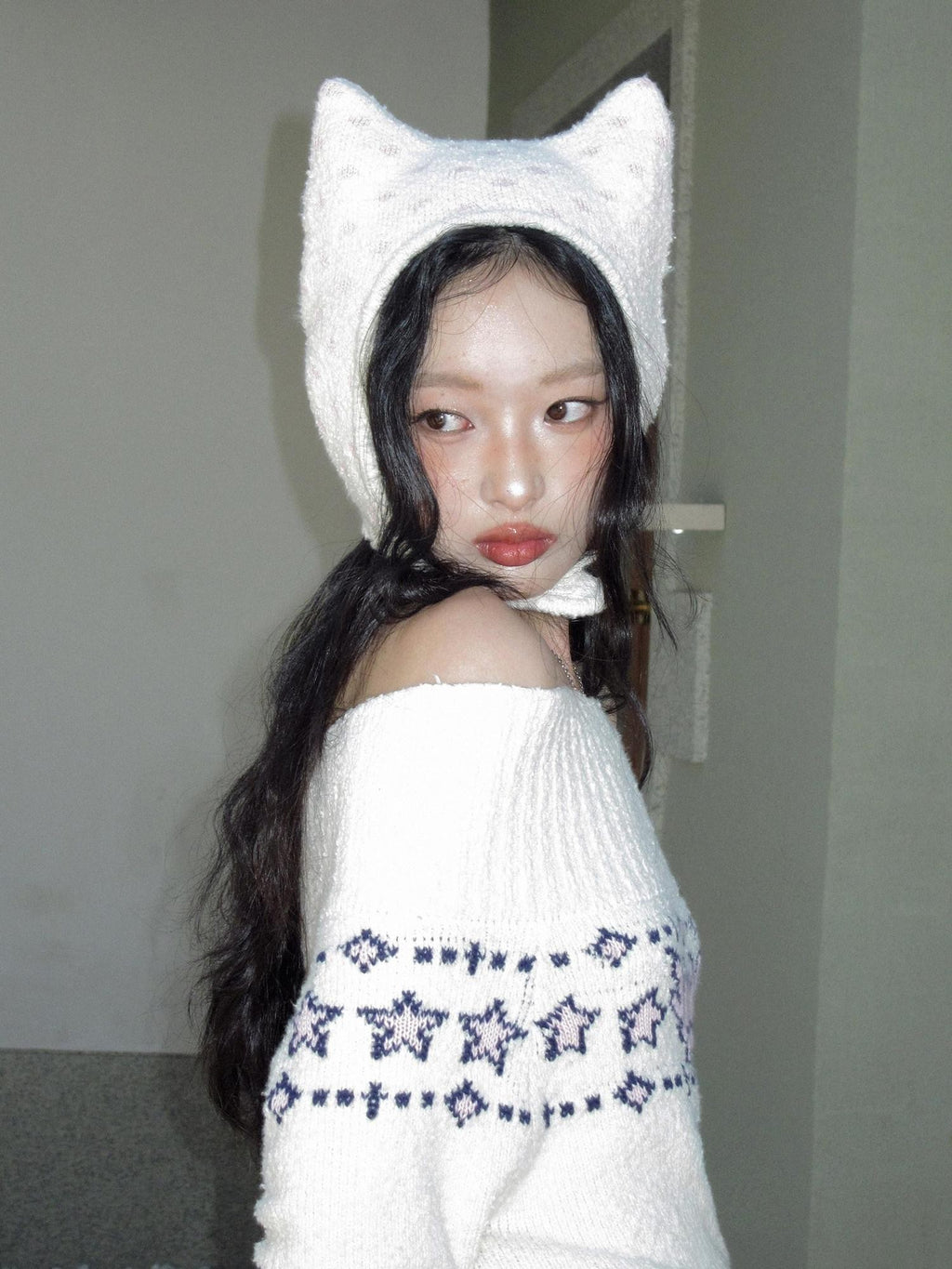 No nuts Cat Ear Fuzzy Polka Dot Bow Jacquard Knit Women's Wool Beanies