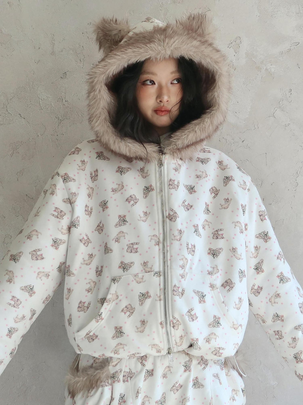 No nuts Cat Print Reversible Faux Fur Quilted Loose Women's Cotton Zip-up Hoodies