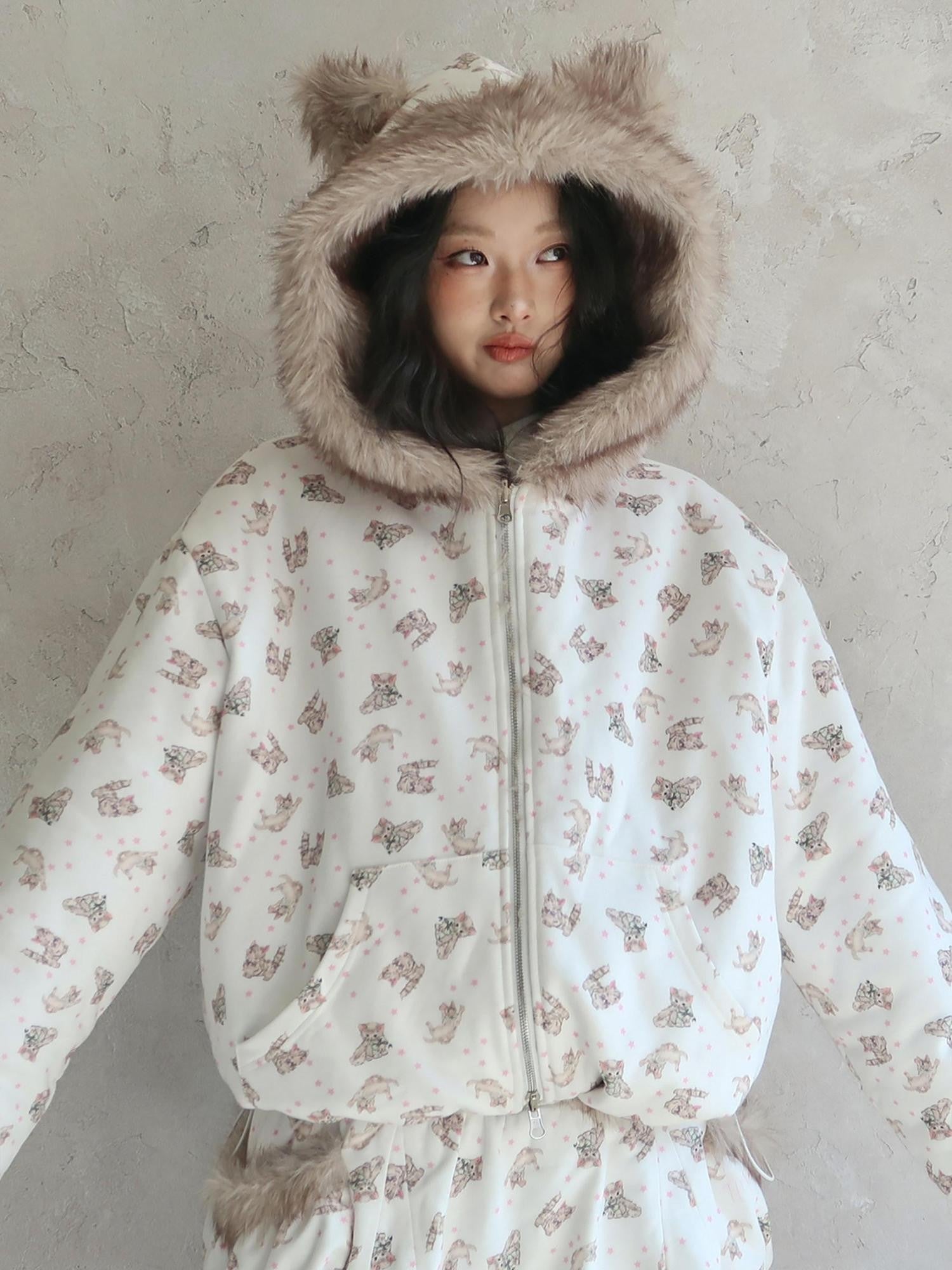 No nuts Cat Print Reversible Faux Fur Quilted Loose Women's Cotton Zip-up Hoodies