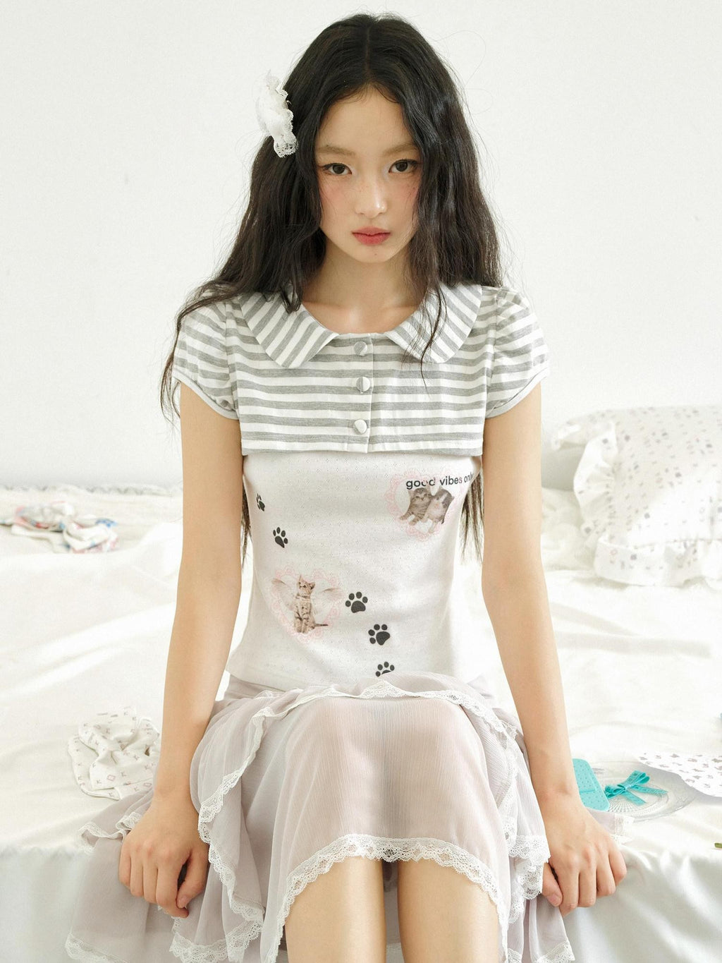 No nuts Cat Striped Print Doll Collar Faux Layered Women's Cotton Short Sleeve T-shirts