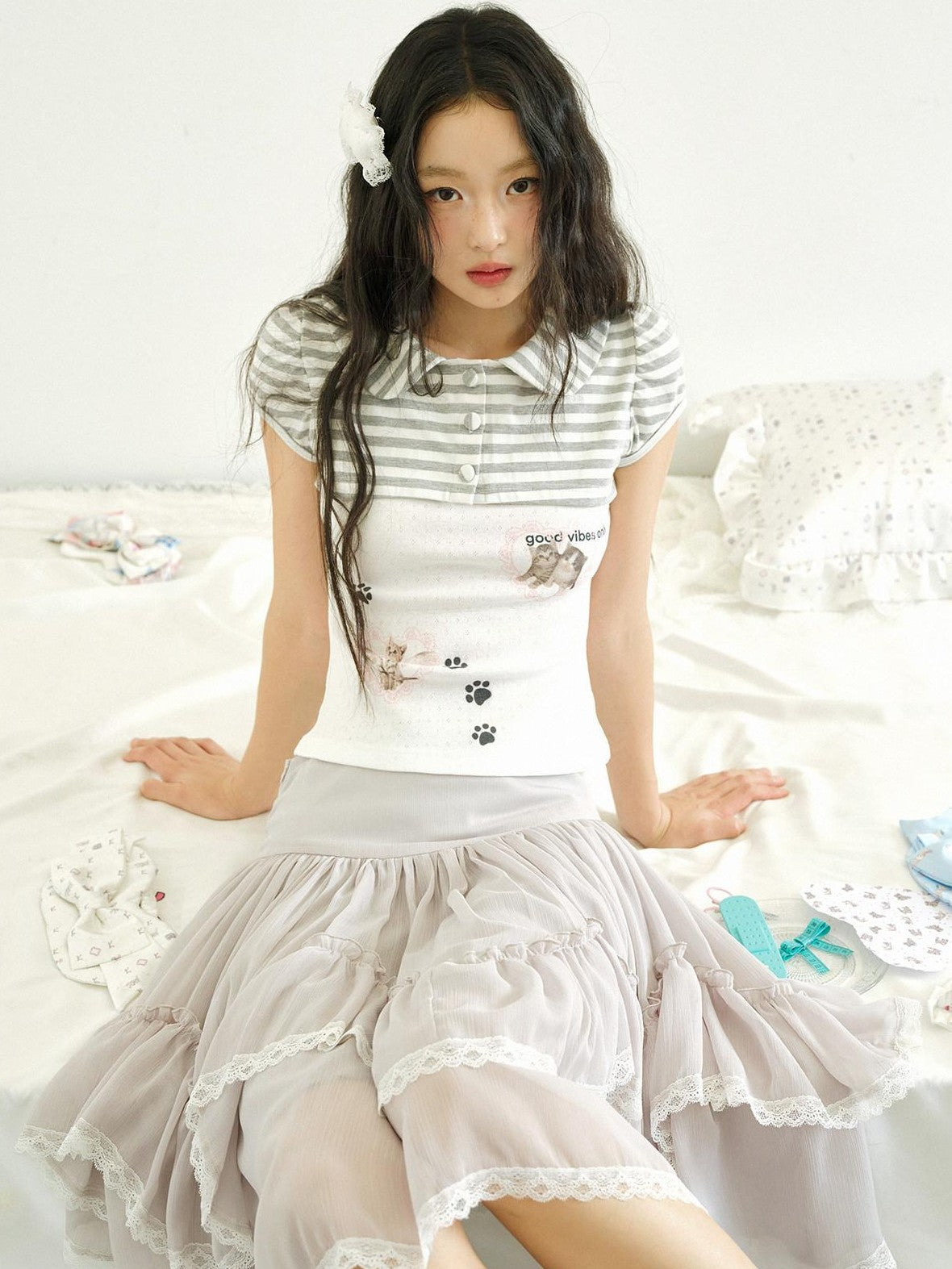 No nuts Cat Striped Print Doll Collar Faux Layered Women's Cotton Short Sleeve T-shirts