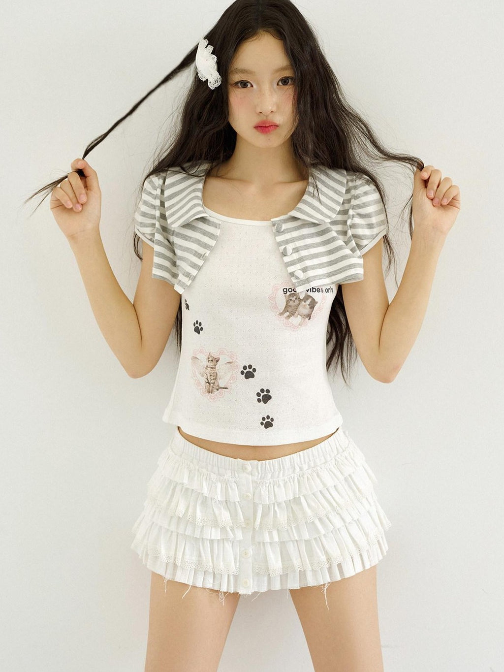 No nuts Cat Striped Print Doll Collar Faux Layered Women's Cotton Short Sleeve T-shirts