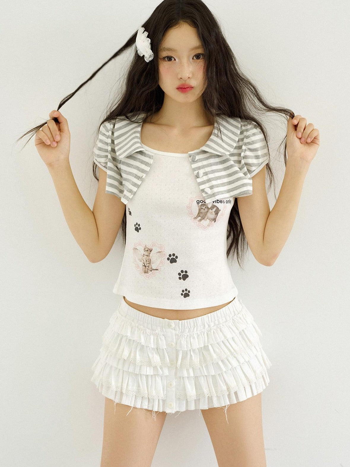 No nuts Cat Striped Print Doll Collar Faux Layered Women's Cotton Short Sleeve T-shirts