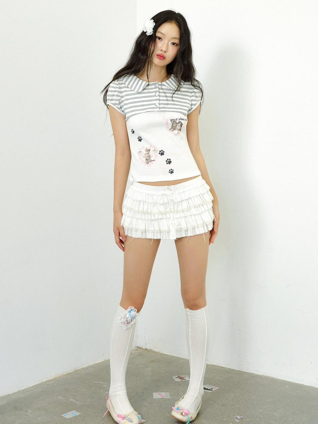 No nuts Cat Striped Print Doll Collar Faux Layered Women's Cotton Short Sleeve T-shirts