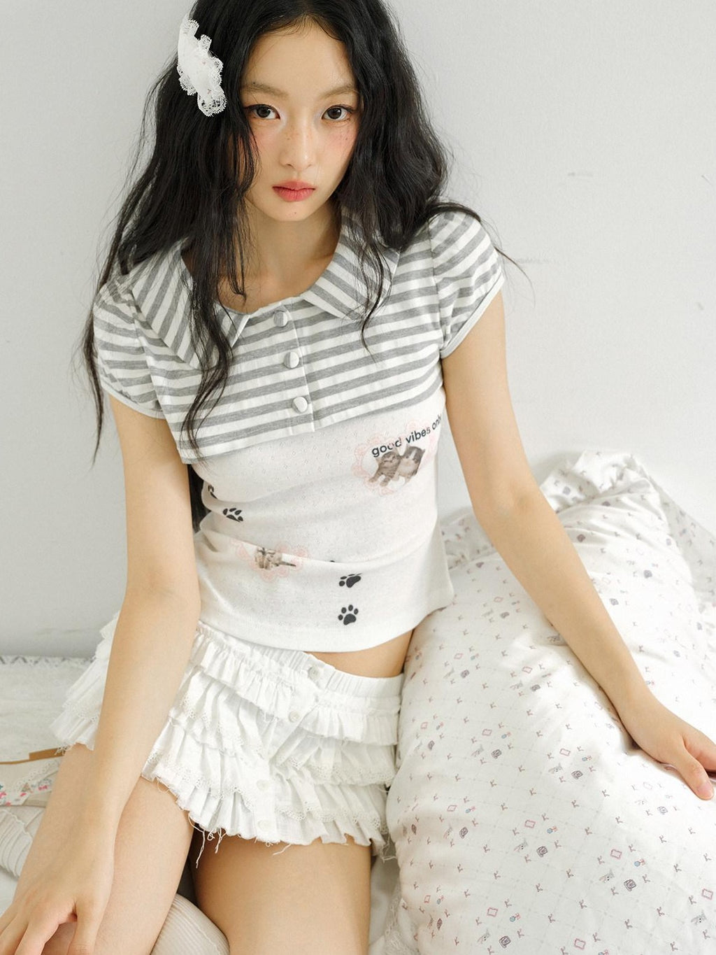 No nuts Cat Striped Print Doll Collar Faux Layered Women's Cotton Short Sleeve T-shirts