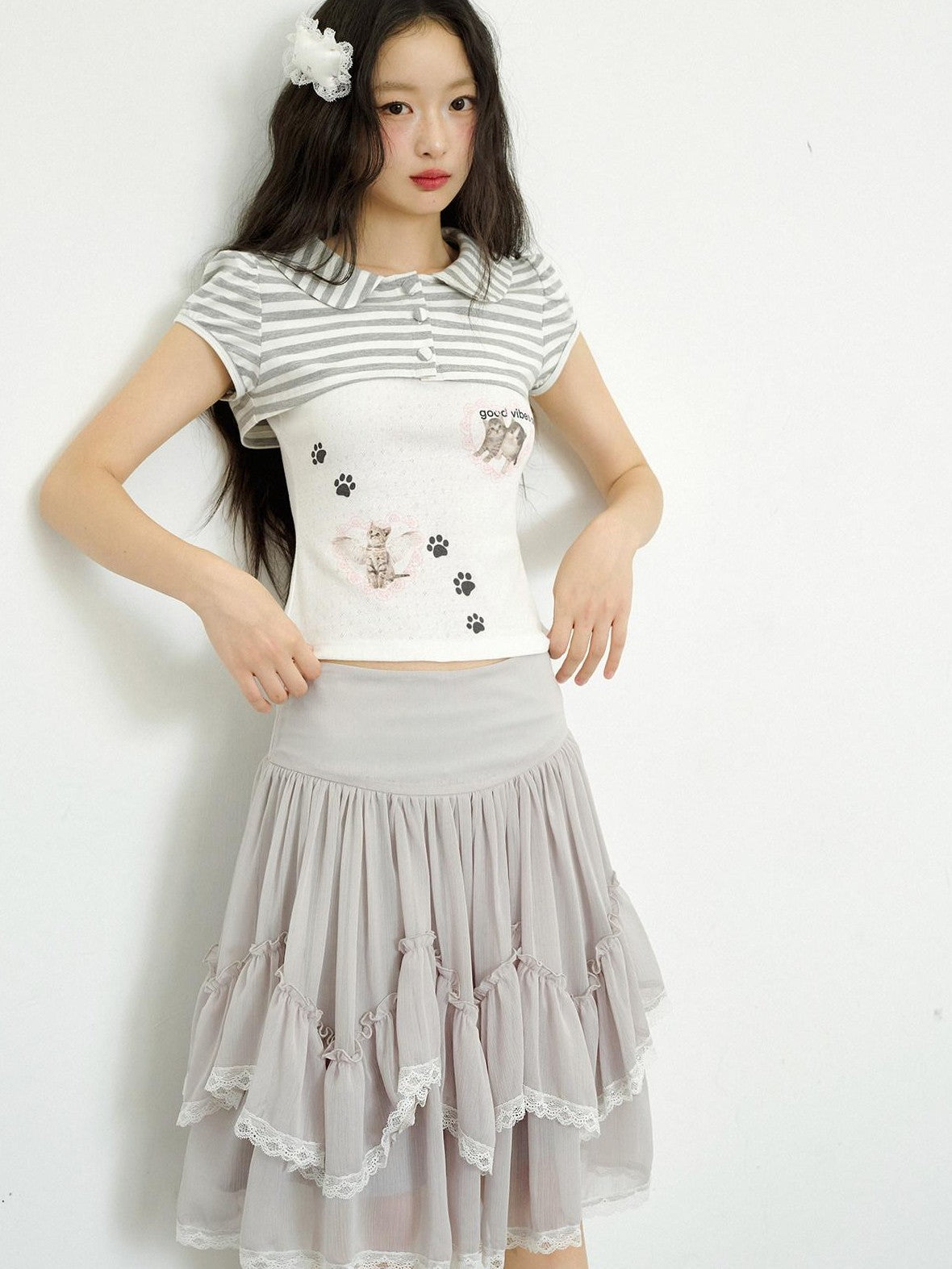 No nuts Cat Striped Print Doll Collar Faux Layered Women's Cotton Short Sleeve T-shirts
