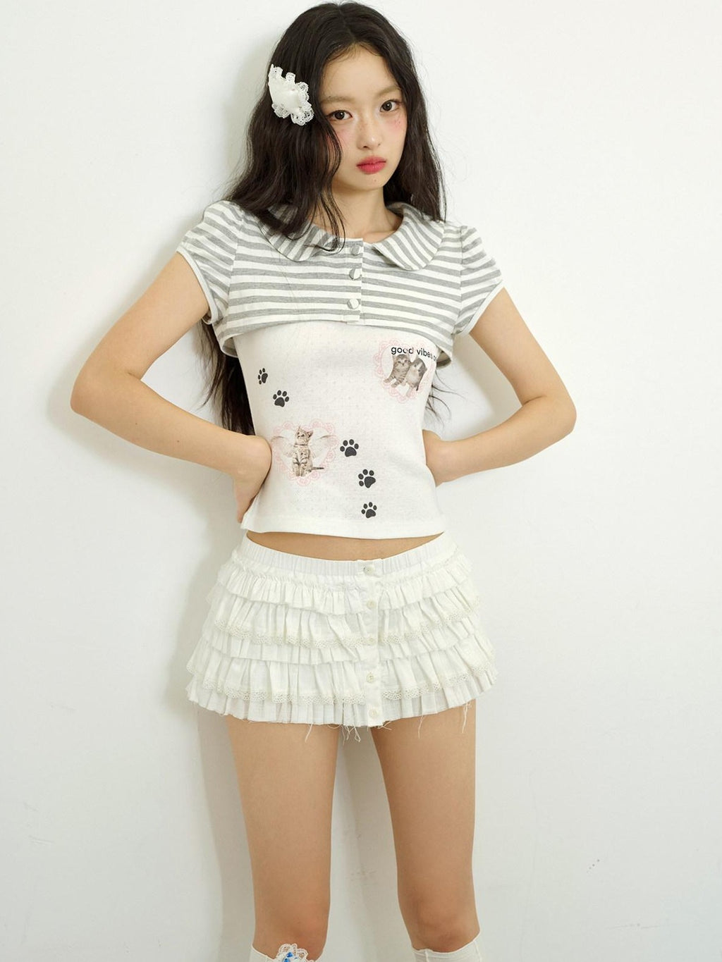No nuts Cat Striped Print Doll Collar Faux Layered Women's Cotton Short Sleeve T-shirts