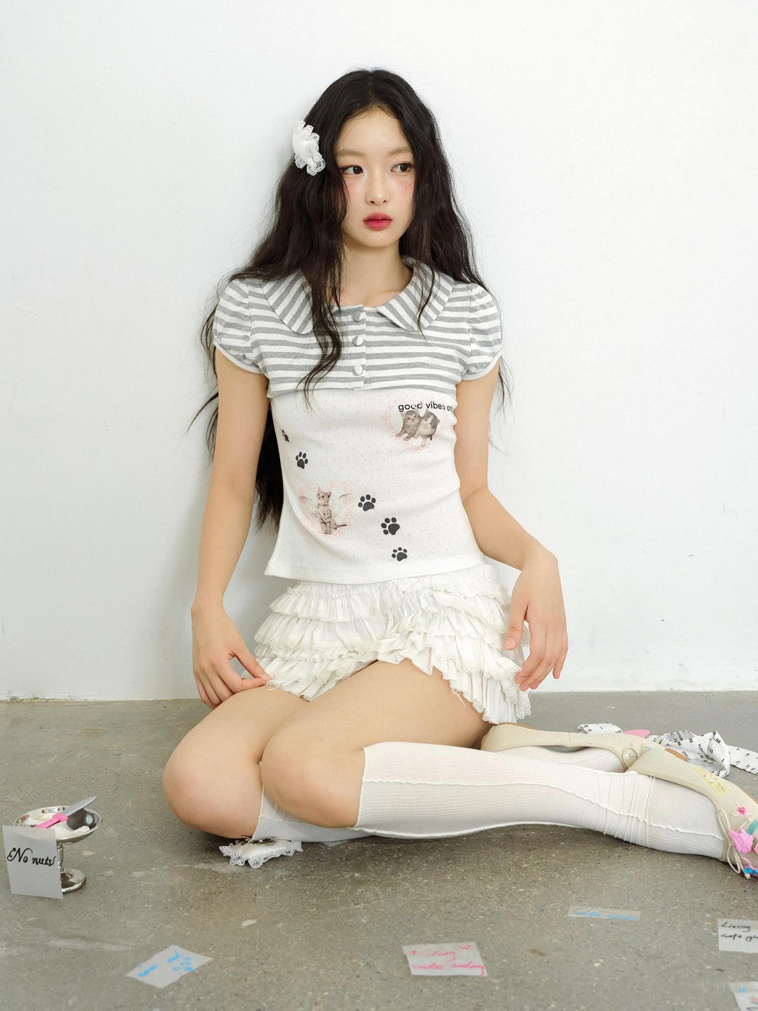 No nuts Cat Striped Print Doll Collar Faux Layered Women's Cotton Short Sleeve T-shirts