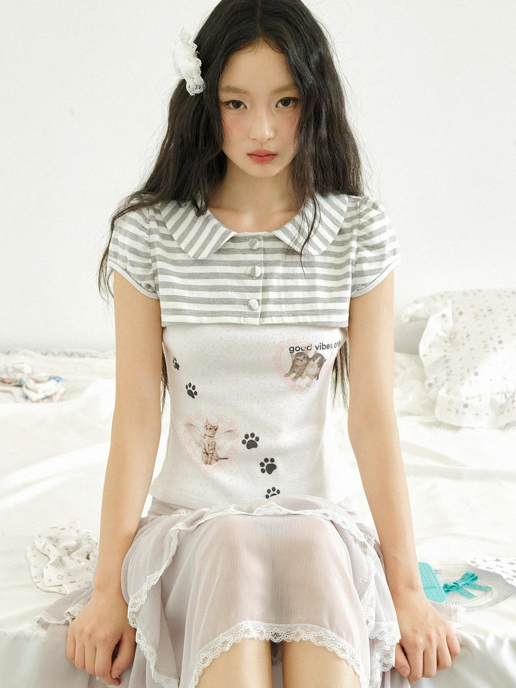 No nuts Cat Striped Print Doll Collar Faux Layered Women's Cotton Short Sleeve T-shirts