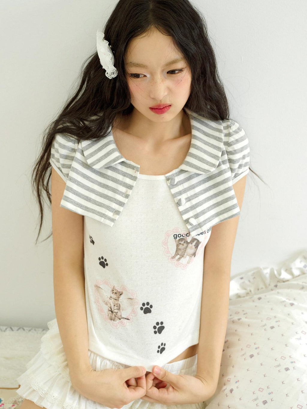 No nuts Cat Striped Print Doll Collar Faux Layered Women's Cotton Short Sleeve T-shirts