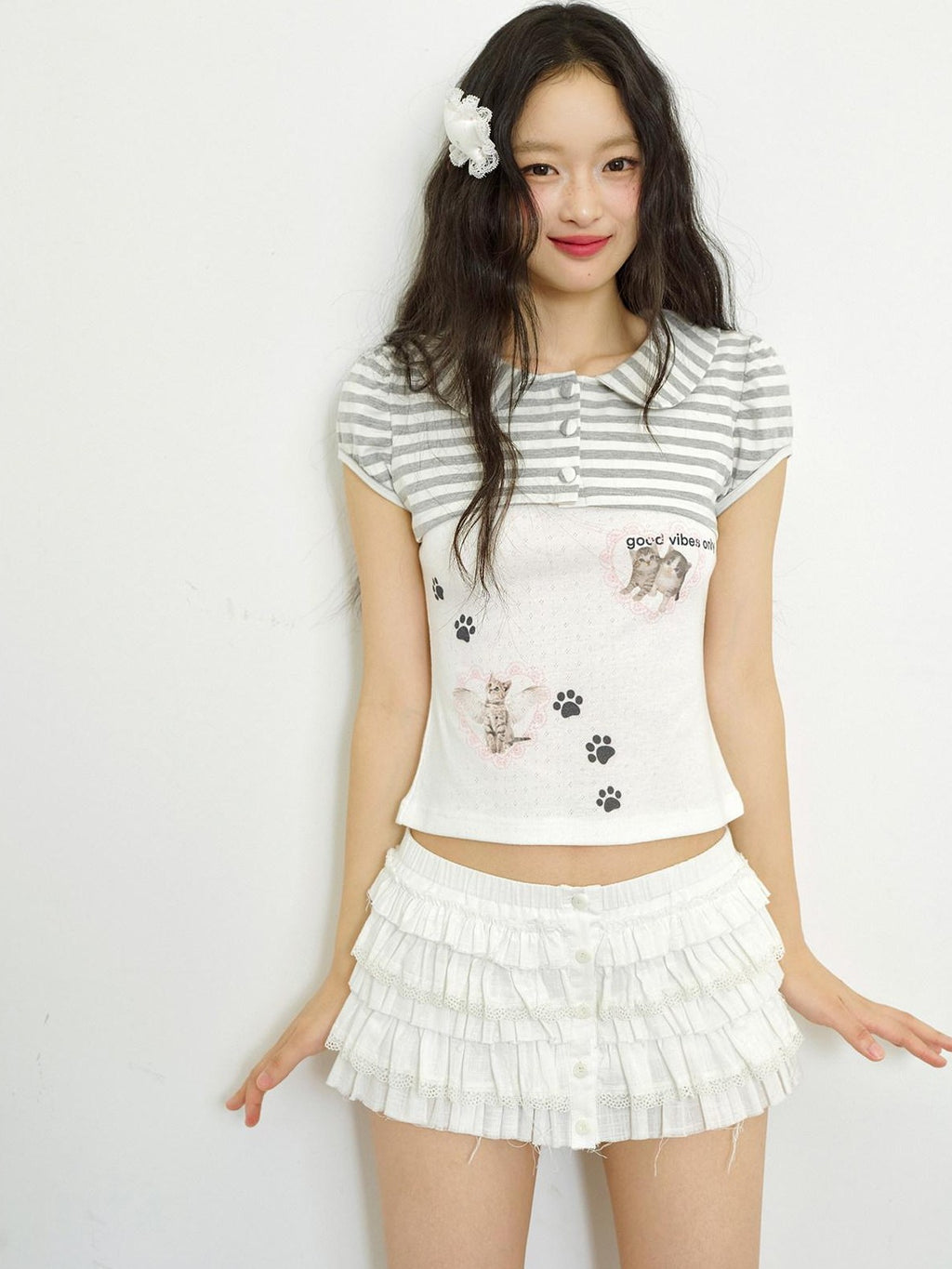 No nuts Cat Striped Print Doll Collar Faux Layered Women's Cotton Short Sleeve T-shirts