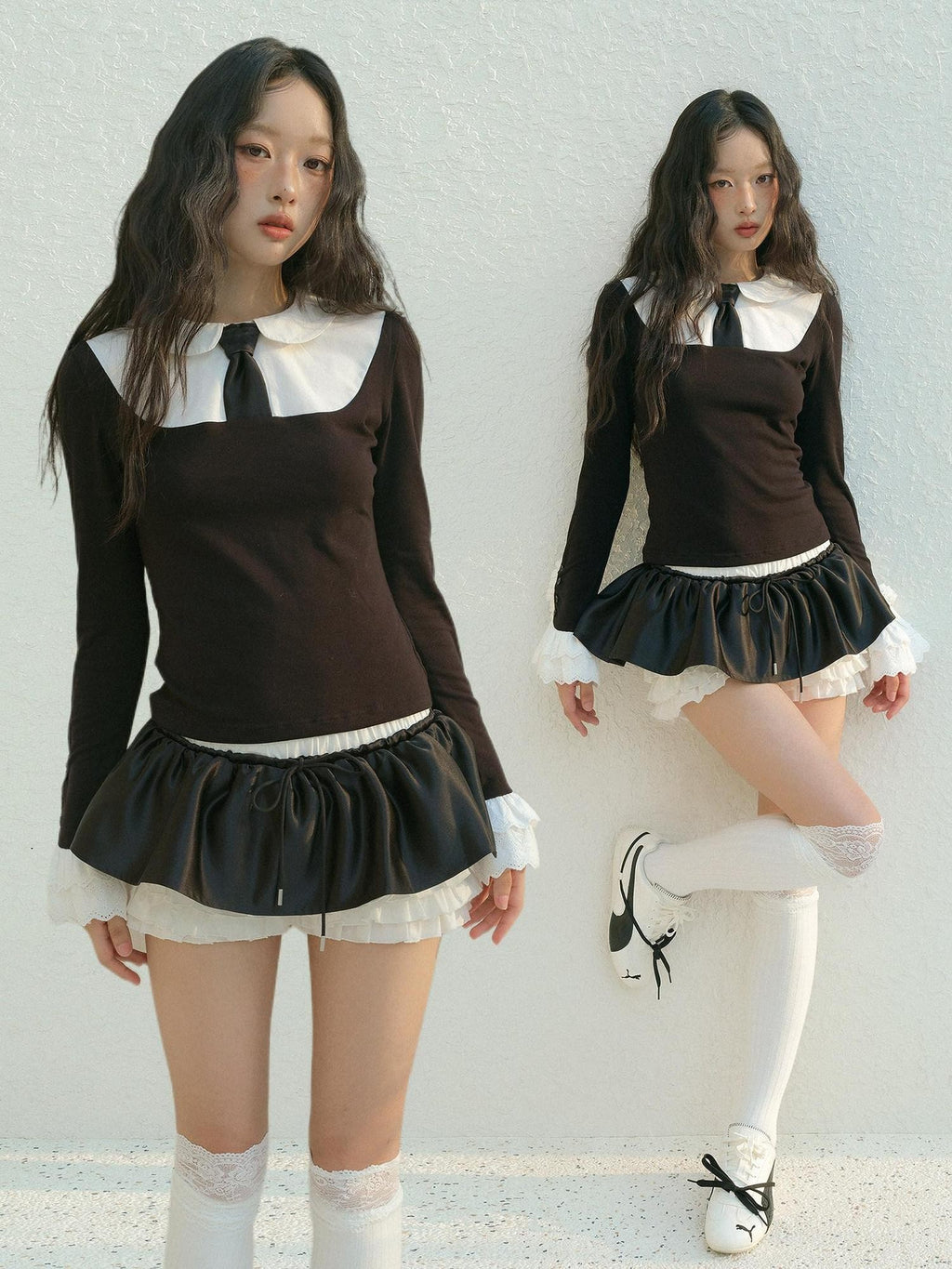 No nuts Contrast Bow Doll Collar Faux Two Piece Women's Knit Long Sleeve T-shirts