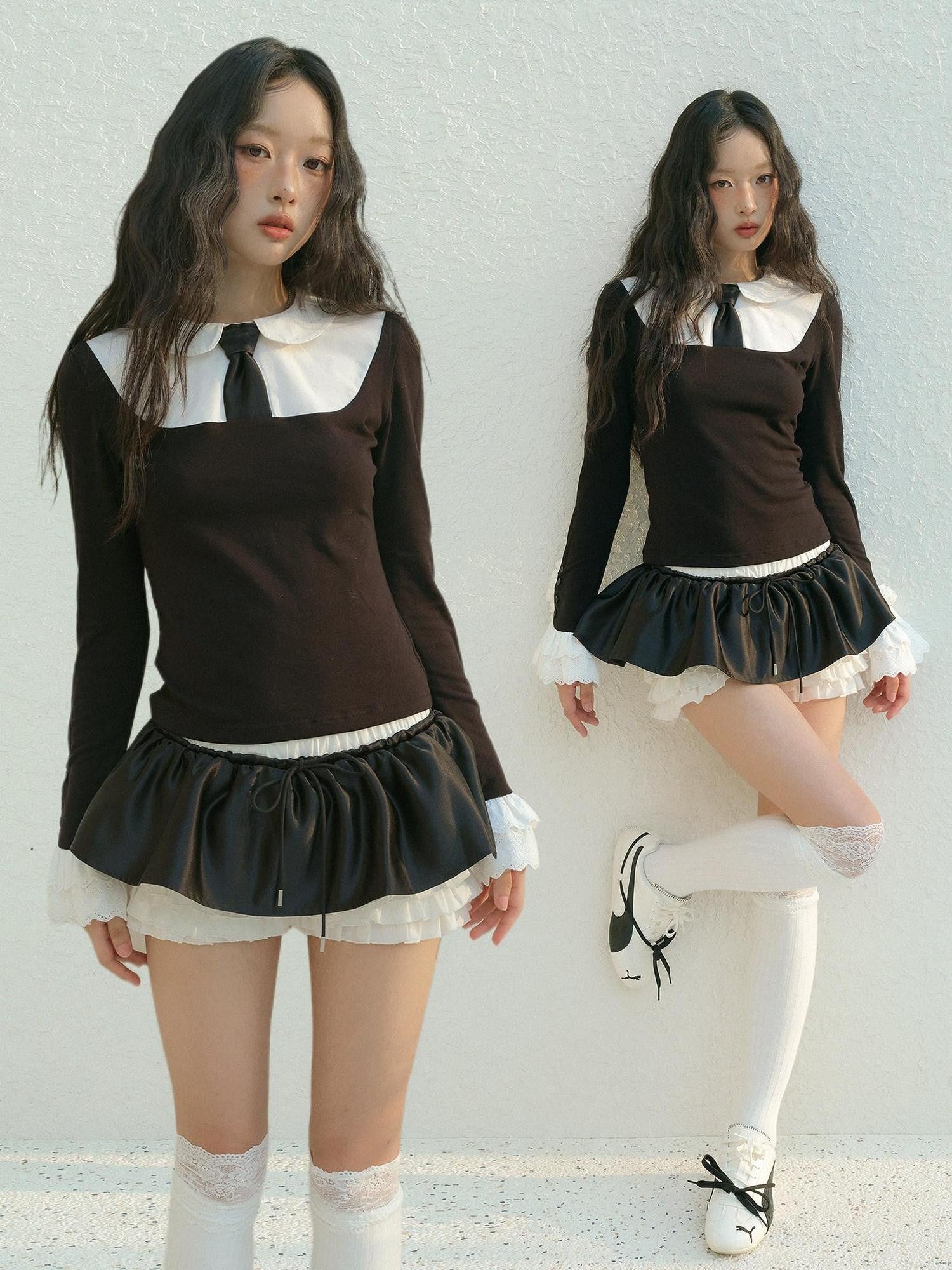 No nuts Contrast Bow Doll Collar Faux Two Piece Women's Knit Long Sleeve T-shirts