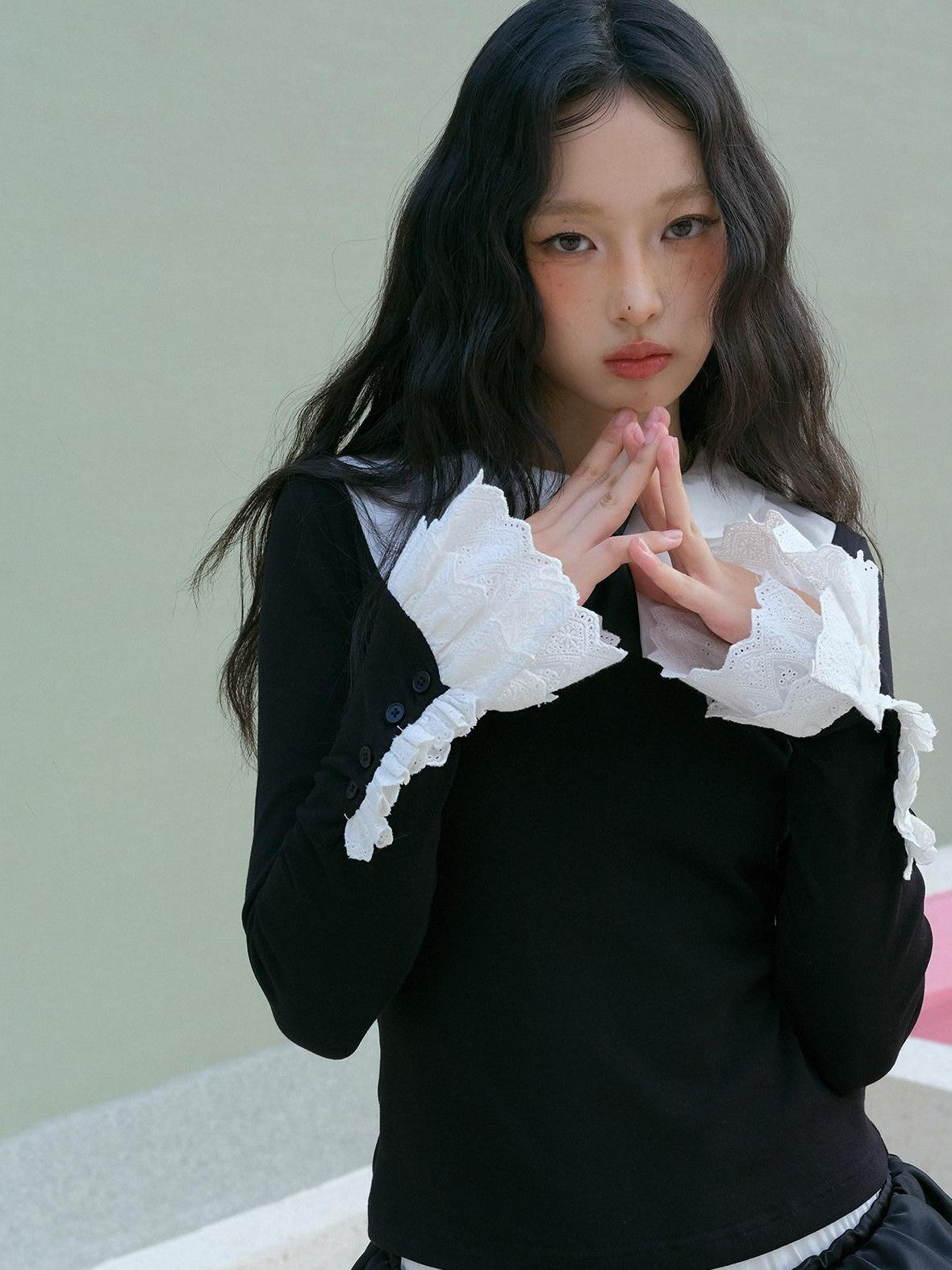 No nuts Contrast Bow Doll Collar Faux Two Piece Women's Knit Long Sleeve T-shirts