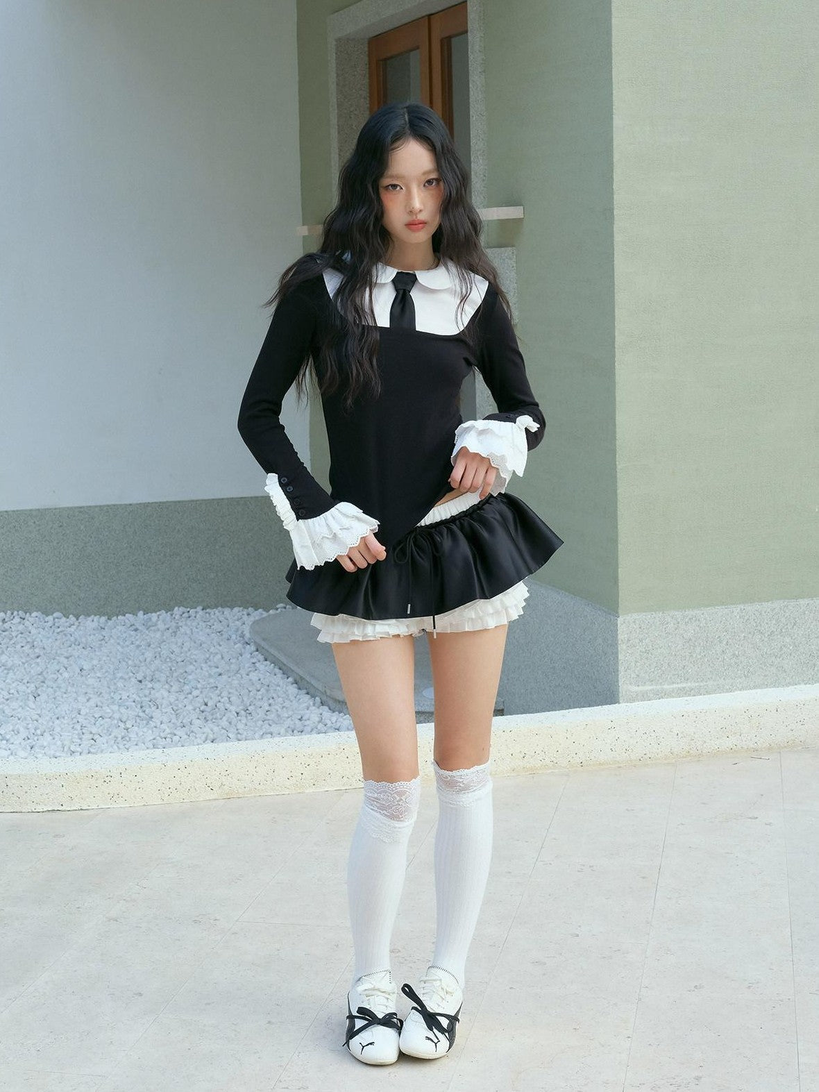 No nuts Contrast Bow Doll Collar Faux Two Piece Women's Knit Long Sleeve T-shirts