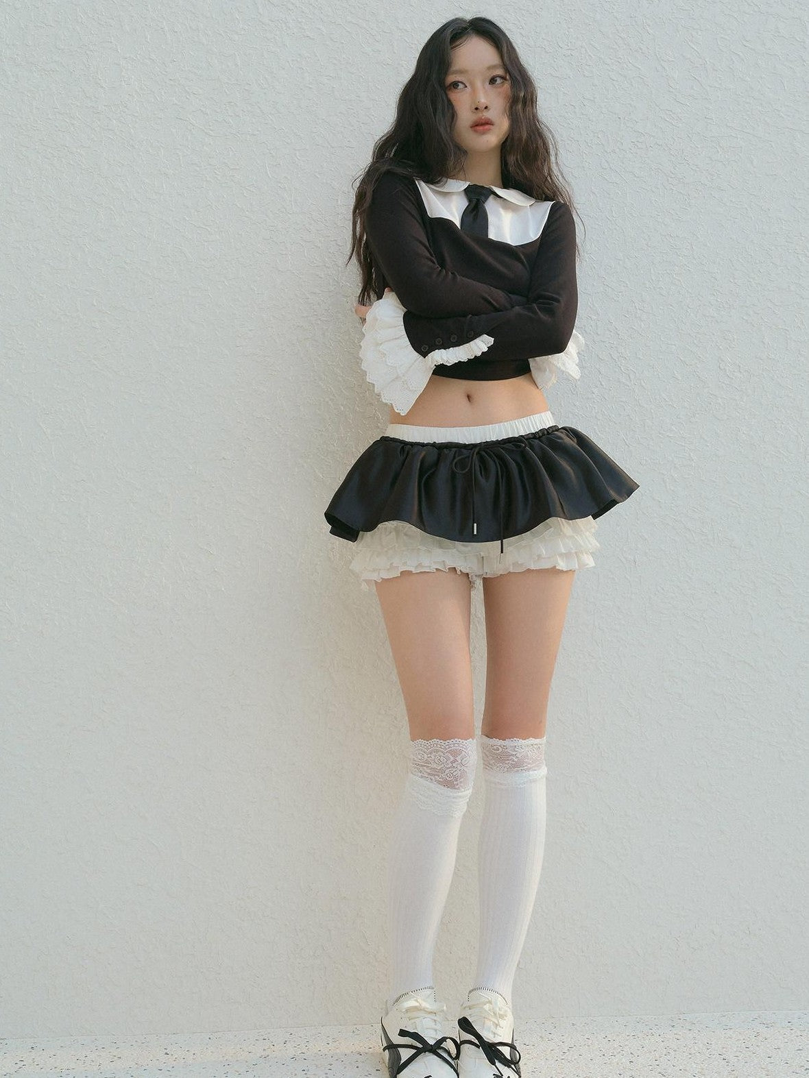 No nuts Contrast Bow Doll Collar Faux Two Piece Women's Knit Long Sleeve T-shirts