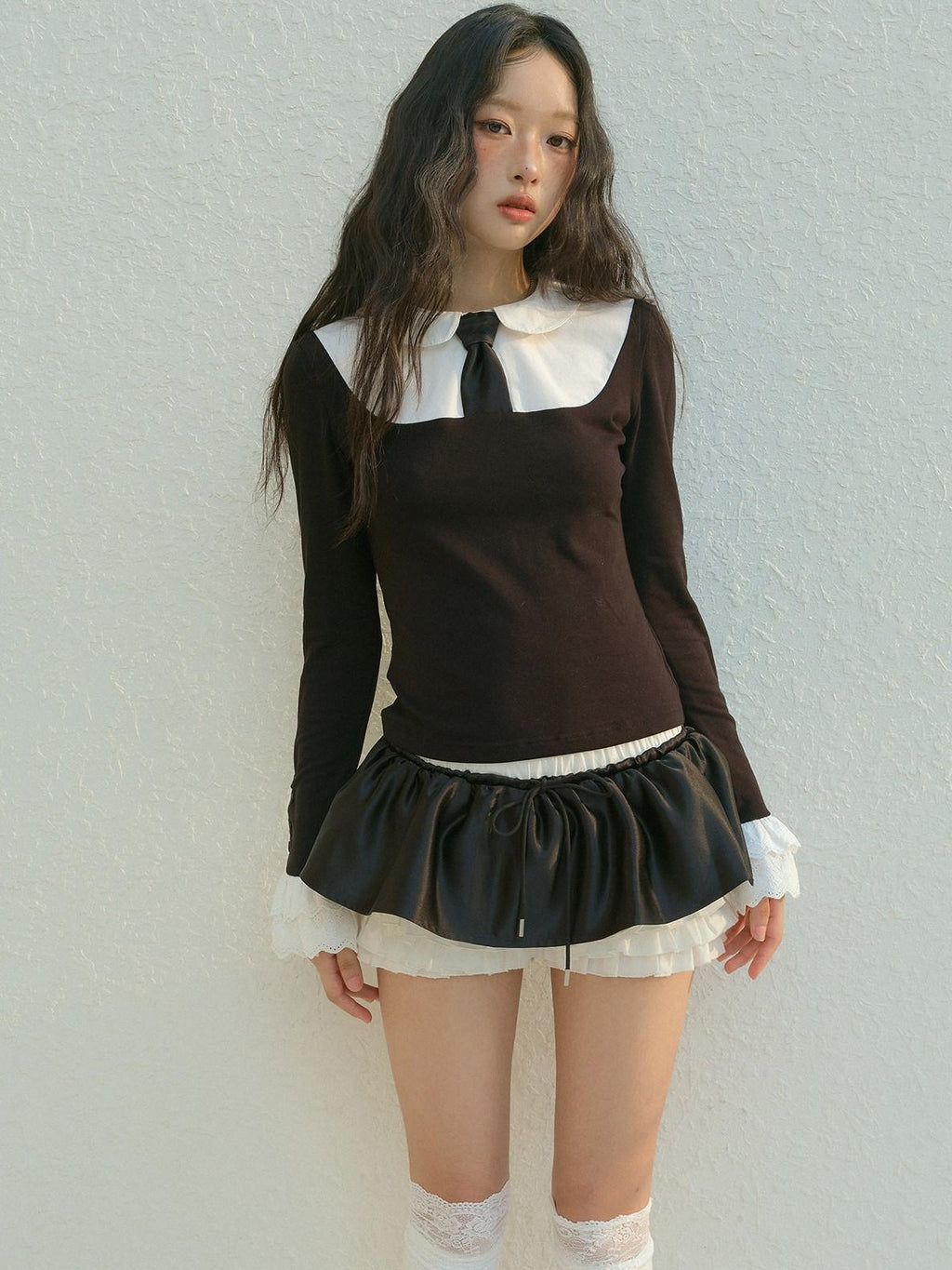 No nuts Contrast Bow Doll Collar Faux Two Piece Women's Knit Long Sleeve T-shirts
