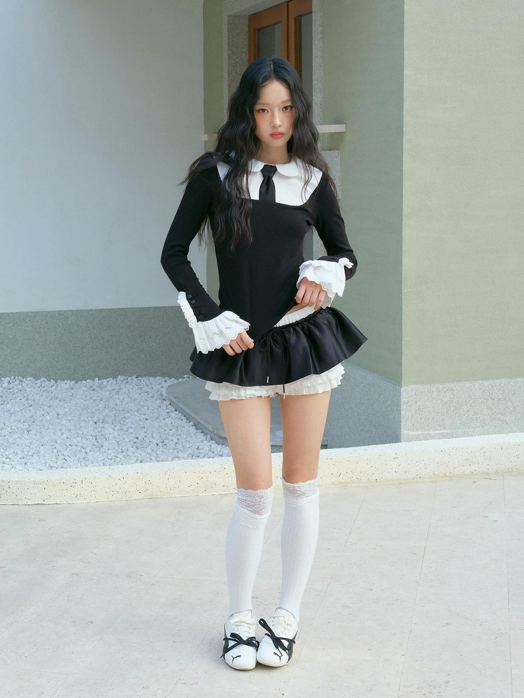 No nuts Contrast Bow Doll Collar Faux Two Piece Women's Knit Long Sleeve T-shirts