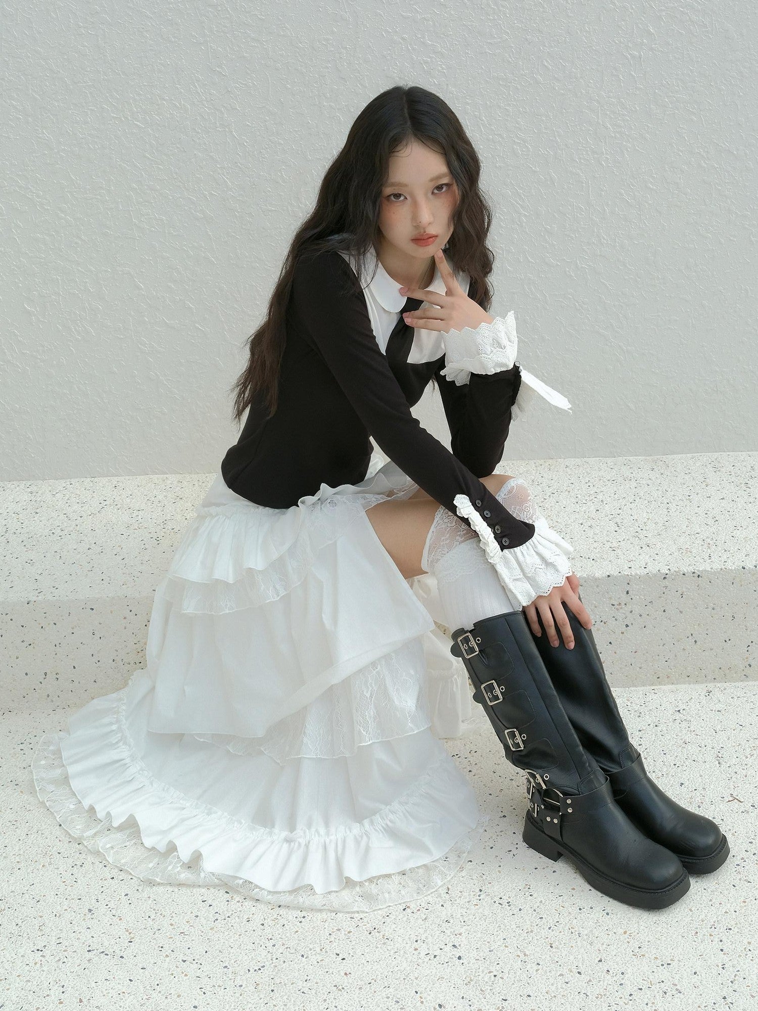 No nuts Contrast Bow Doll Collar Faux Two Piece Women's Knit Long Sleeve T-shirts