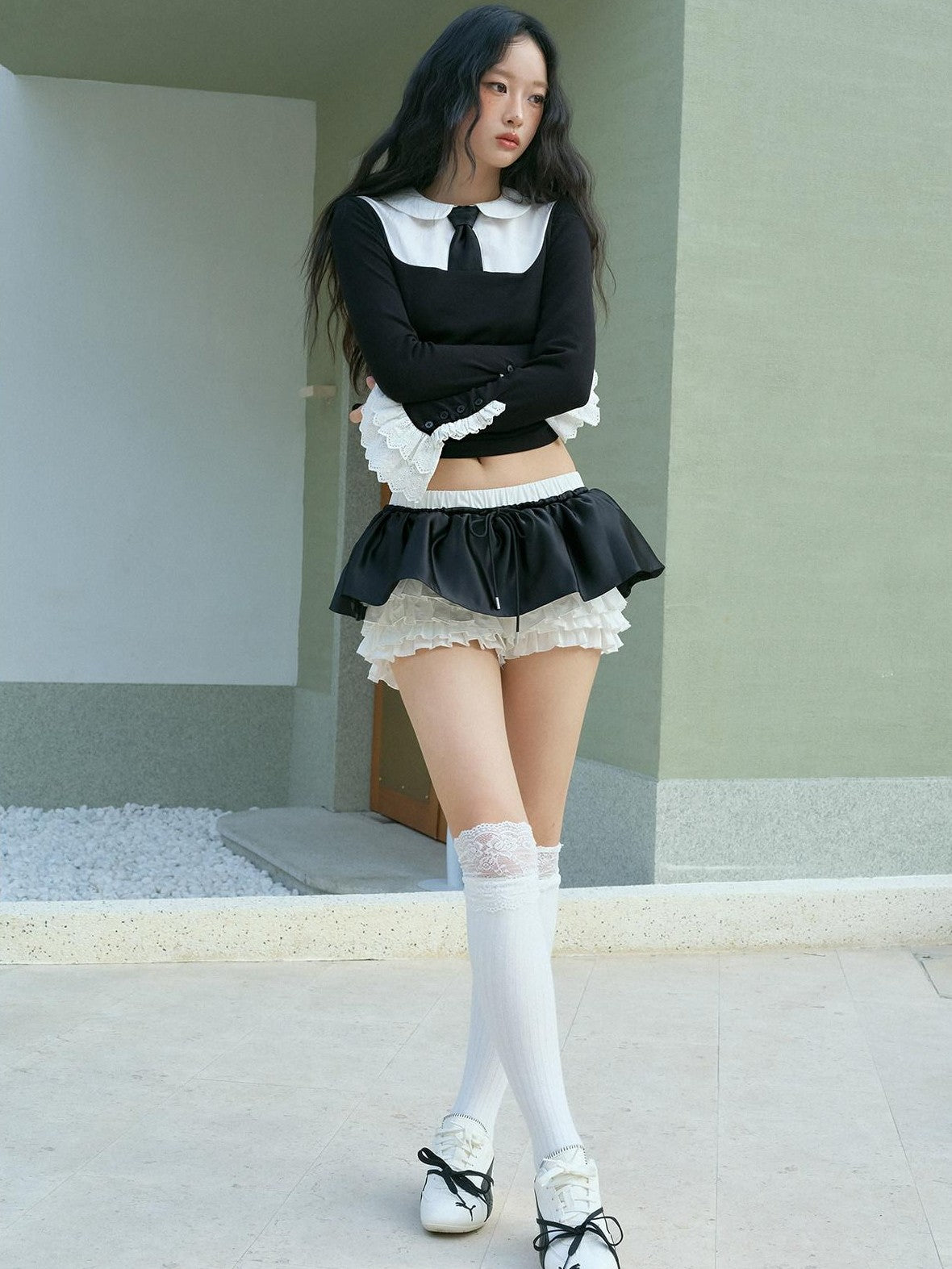 No nuts Contrast Bow Doll Collar Faux Two Piece Women's Knit Long Sleeve T-shirts