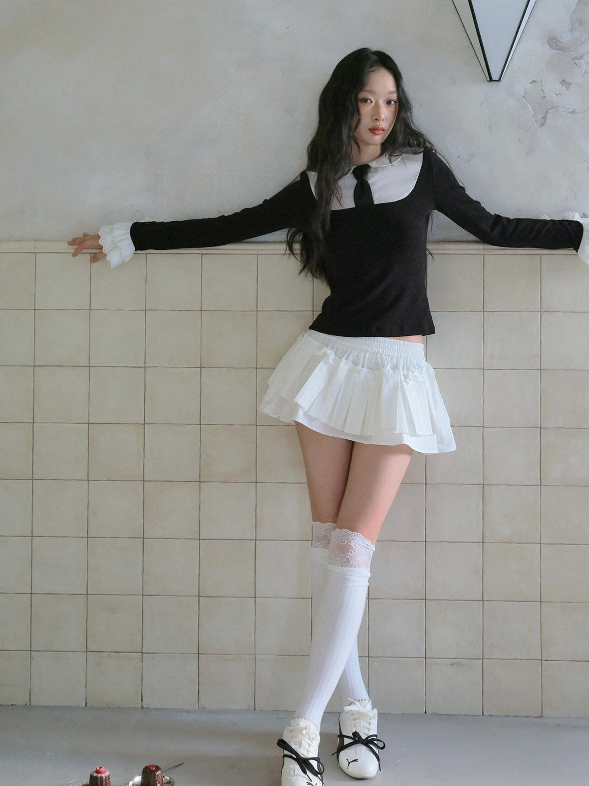 No nuts Contrast Bow Doll Collar Faux Two Piece Women's Knit Long Sleeve T-shirts