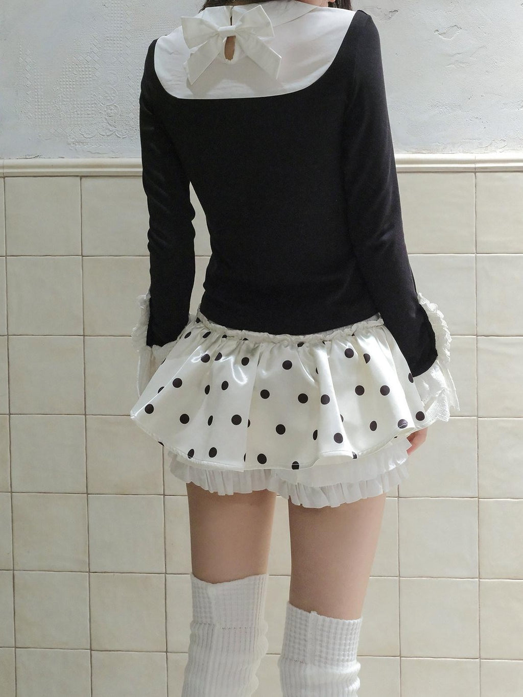 No nuts Contrast Bow Doll Collar Faux Two Piece Women's Knit Long Sleeve T-shirts