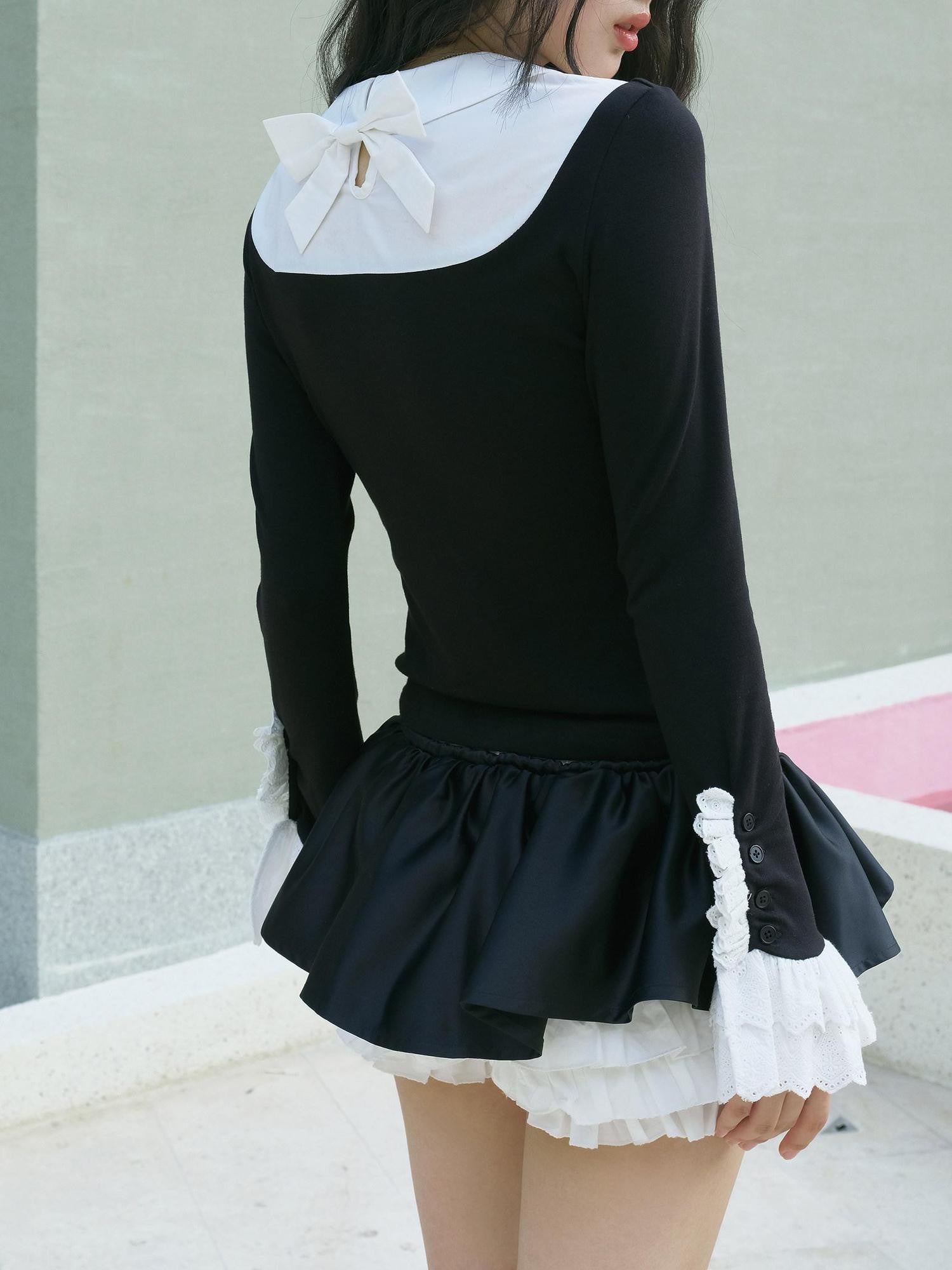 No nuts Contrast Bow Doll Collar Faux Two Piece Women's Knit Long Sleeve T-shirts
