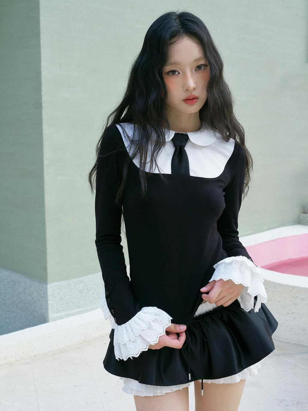No nuts Contrast Bow Doll Collar Faux Two Piece Women's Knit Long Sleeve T-shirts