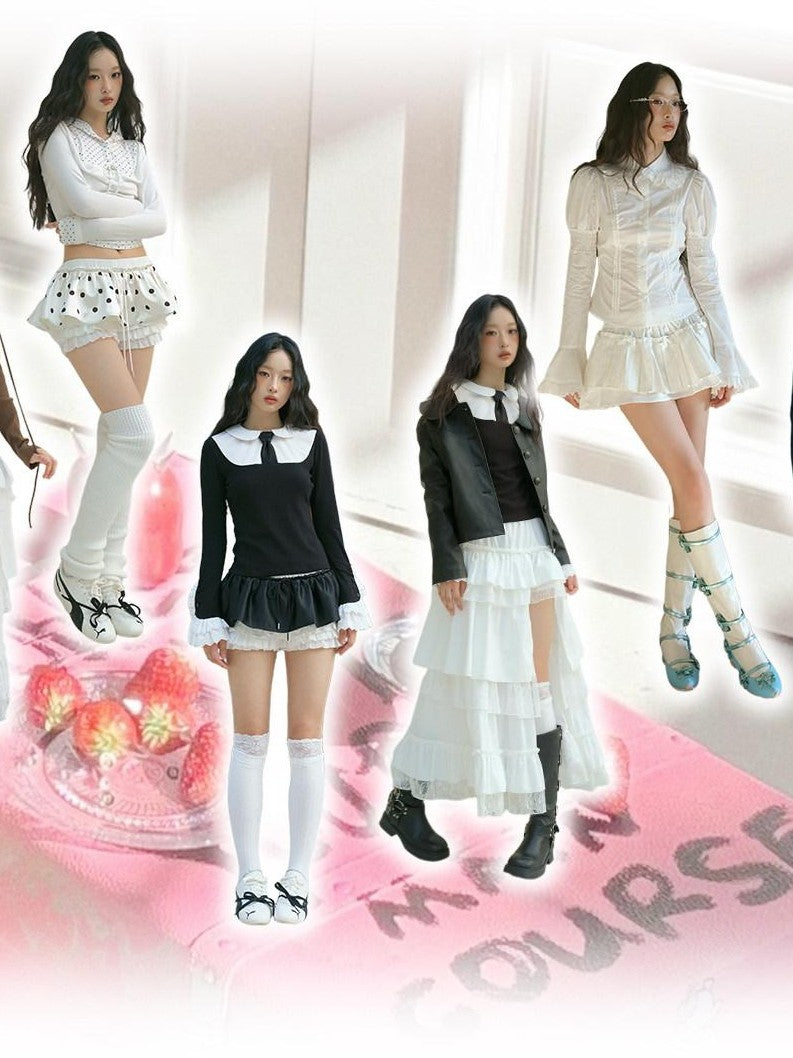 No nuts Contrast Bow Doll Collar Faux Two Piece Women's Knit Long Sleeve T-shirts