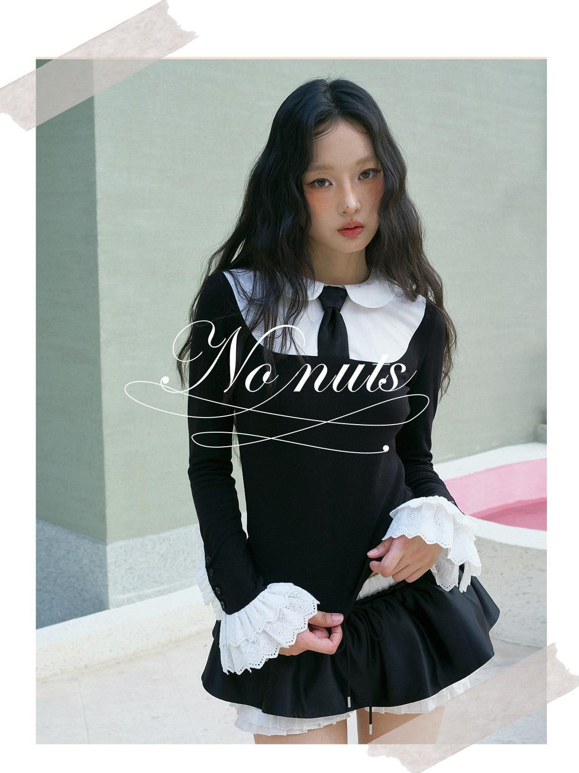No nuts Contrast Bow Doll Collar Faux Two Piece Women's Knit Long Sleeve T-shirts