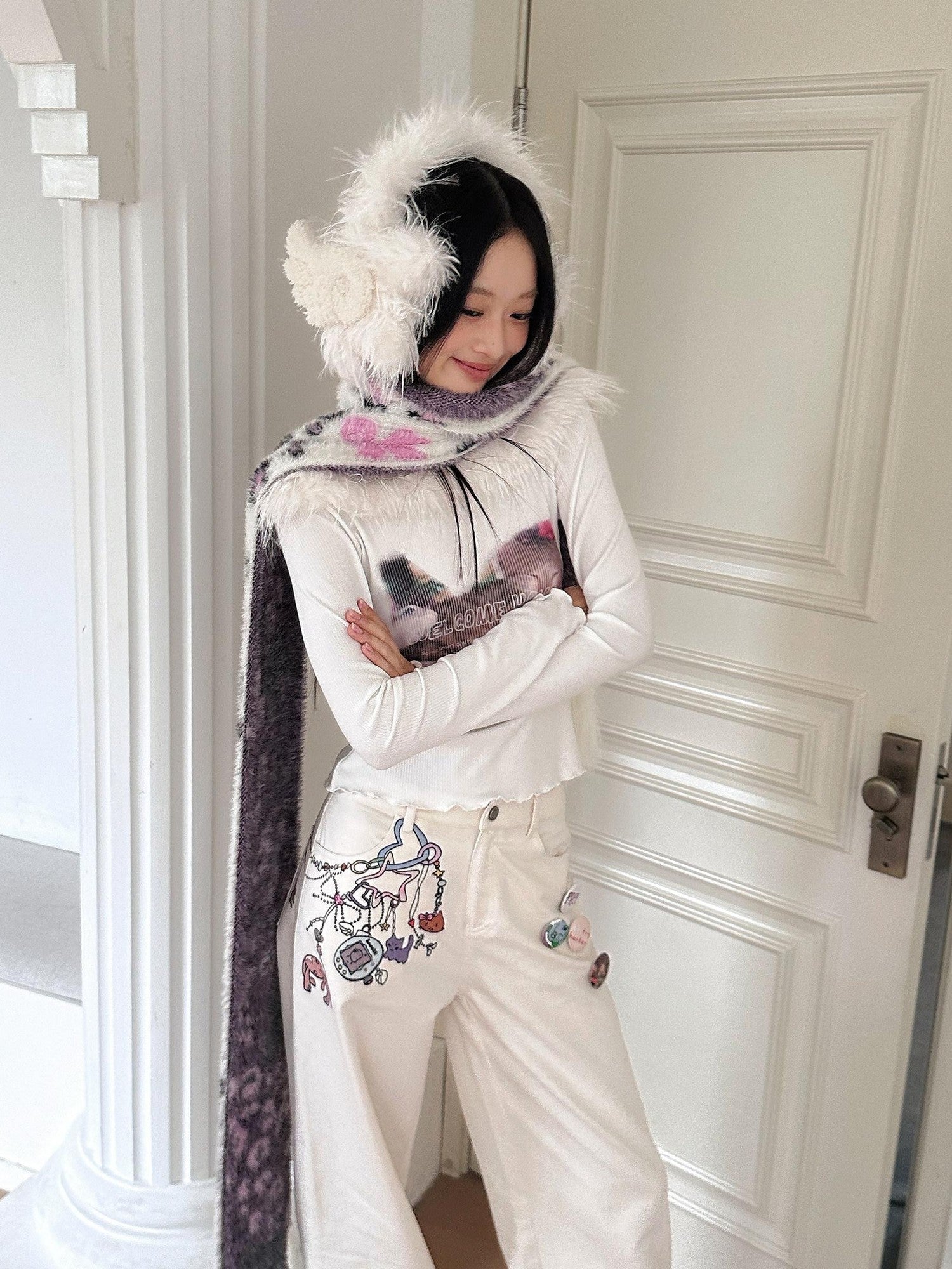 No nuts Cute Bow Leopard Print Women's Faux Mink Knit Extra Long Warm Scarves & Shawls