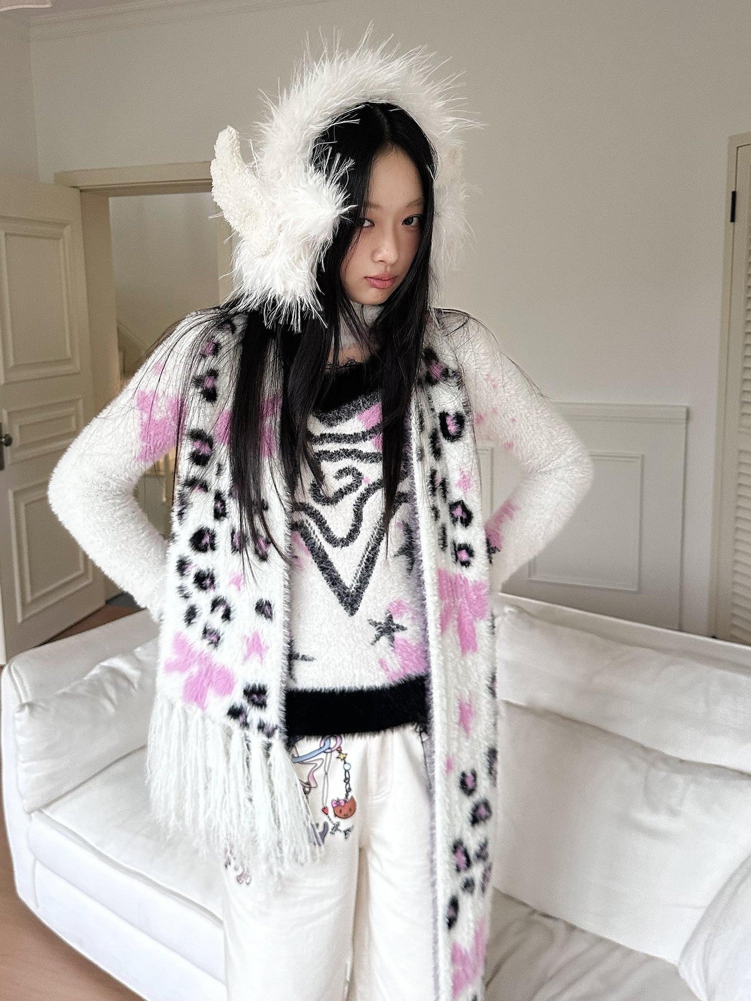 No nuts Cute Bow Leopard Print Women's Faux Mink Knit Extra Long Warm Scarves & Shawls