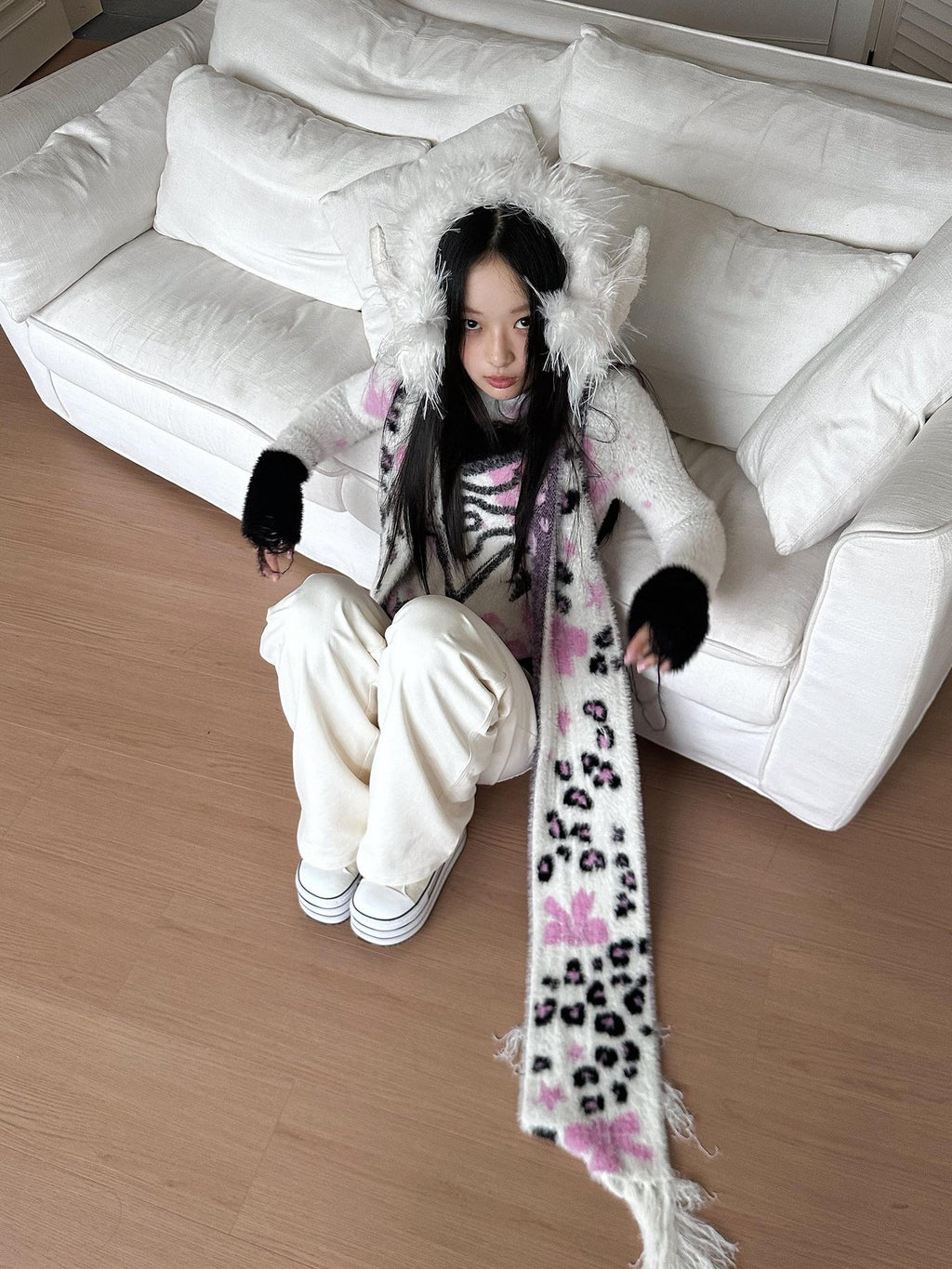 No nuts Cute Bow Leopard Print Women's Faux Mink Knit Extra Long Warm Scarves & Shawls