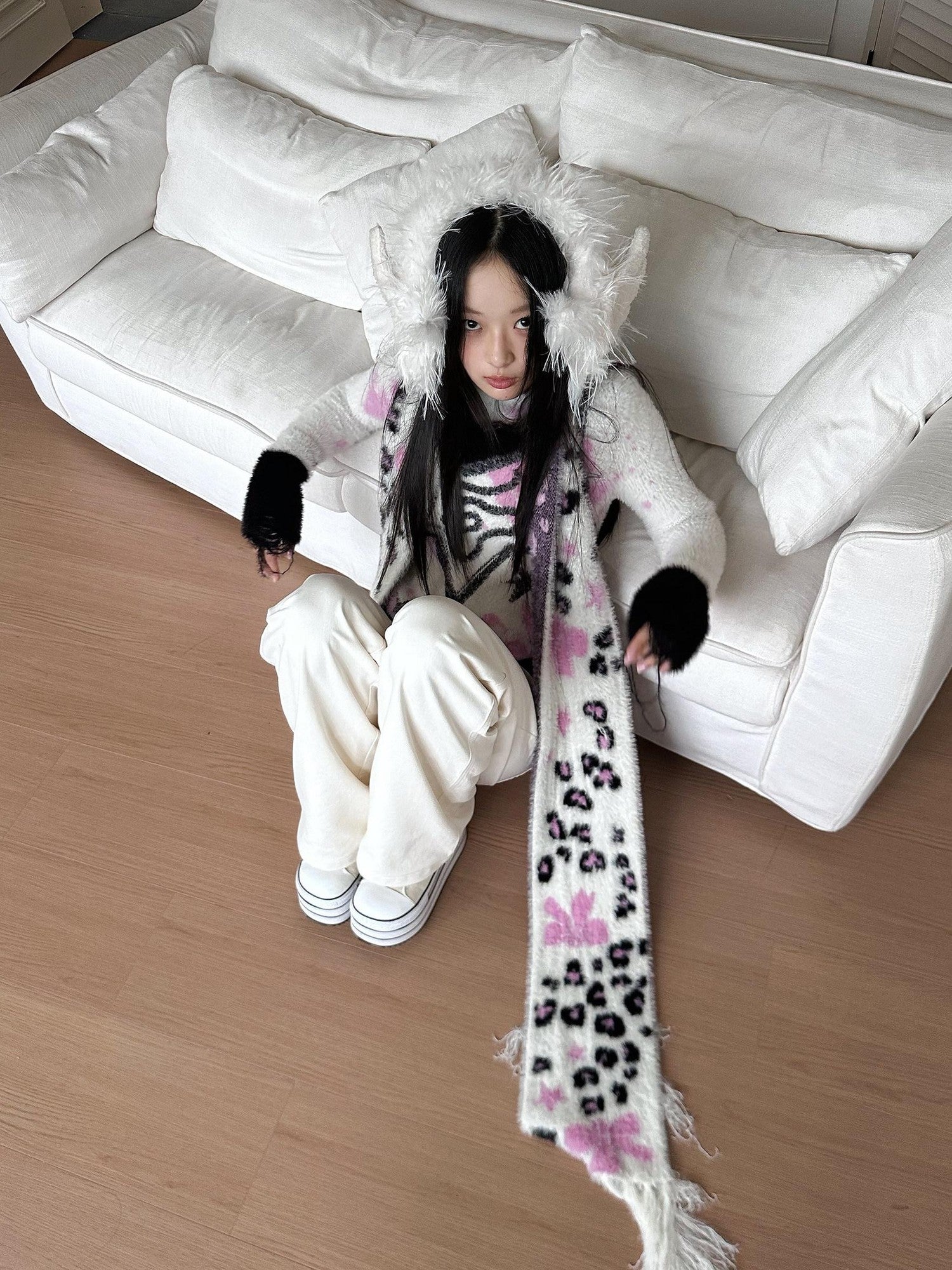 No nuts Cute Bow Leopard Print Women's Faux Mink Knit Extra Long Warm Scarves & Shawls
