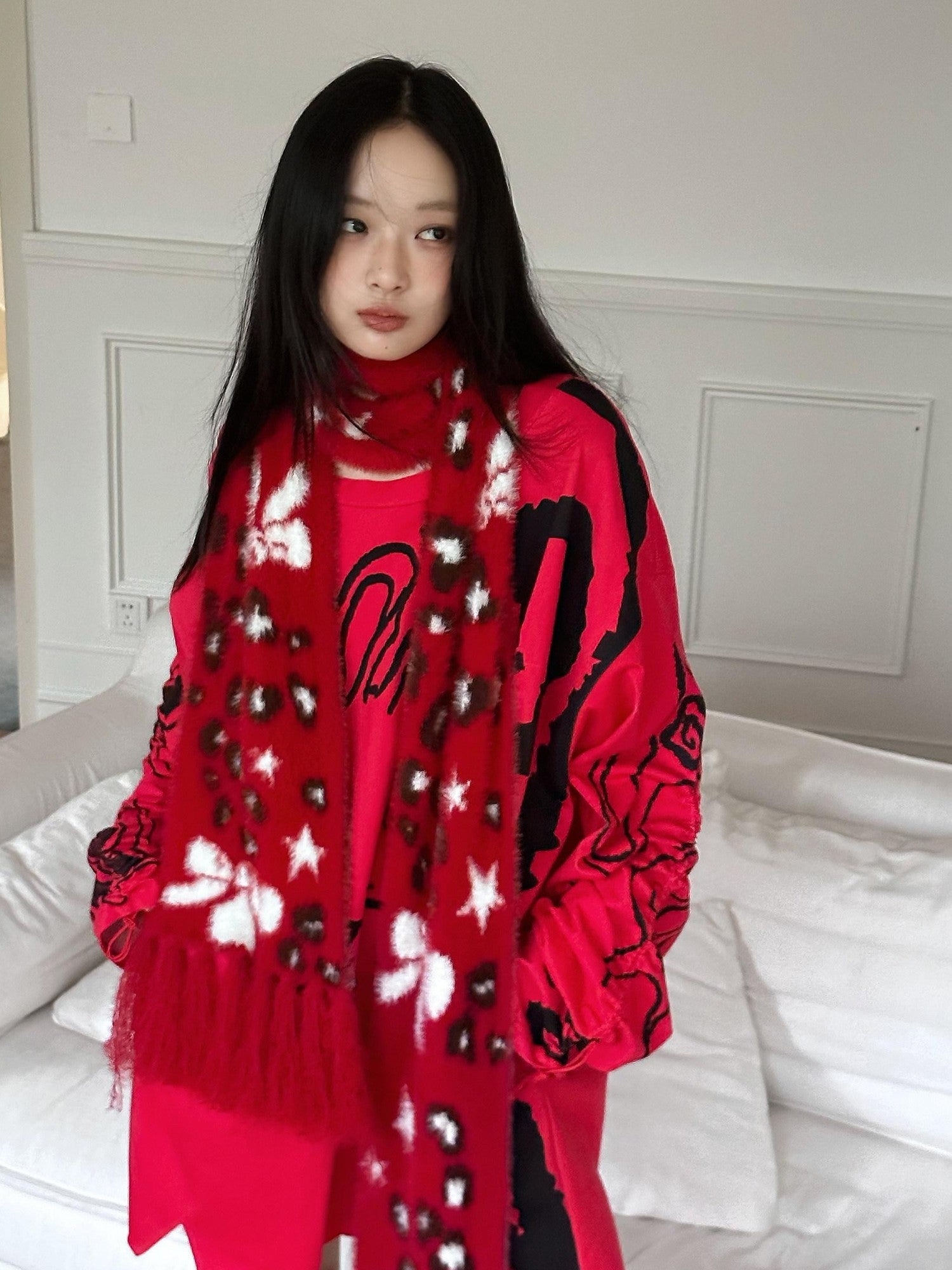 No nuts Cute Bow Leopard Print Women's Faux Mink Knit Extra Long Warm Scarves & Shawls