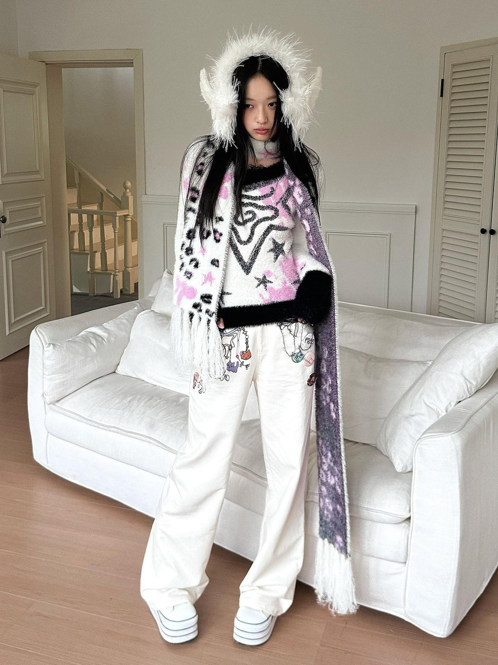No nuts Cute Bow Leopard Print Women's Faux Mink Knit Extra Long Warm Scarves & Shawls