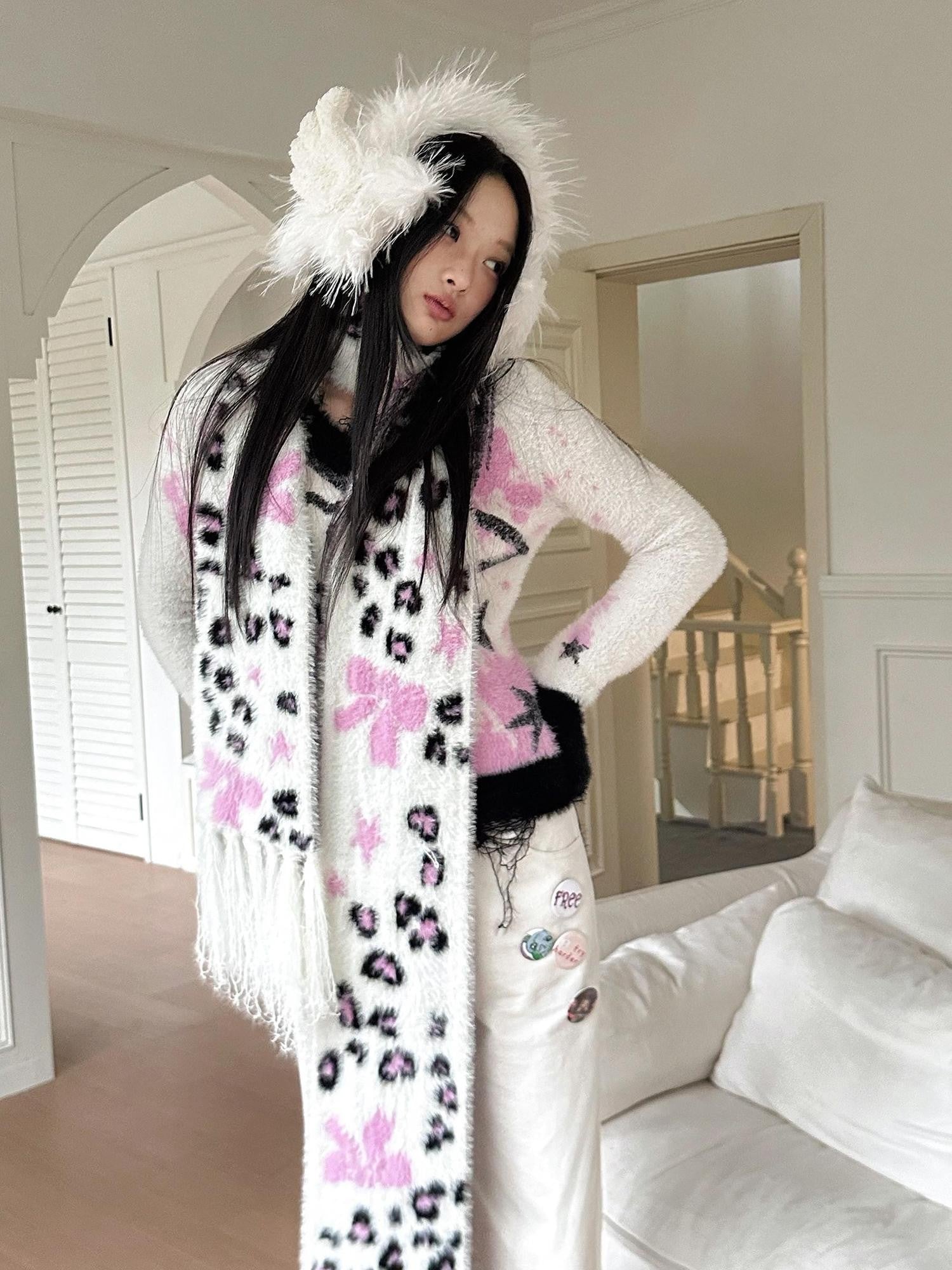 No nuts Cute Bow Leopard Print Women's Faux Mink Knit Extra Long Warm Scarves & Shawls