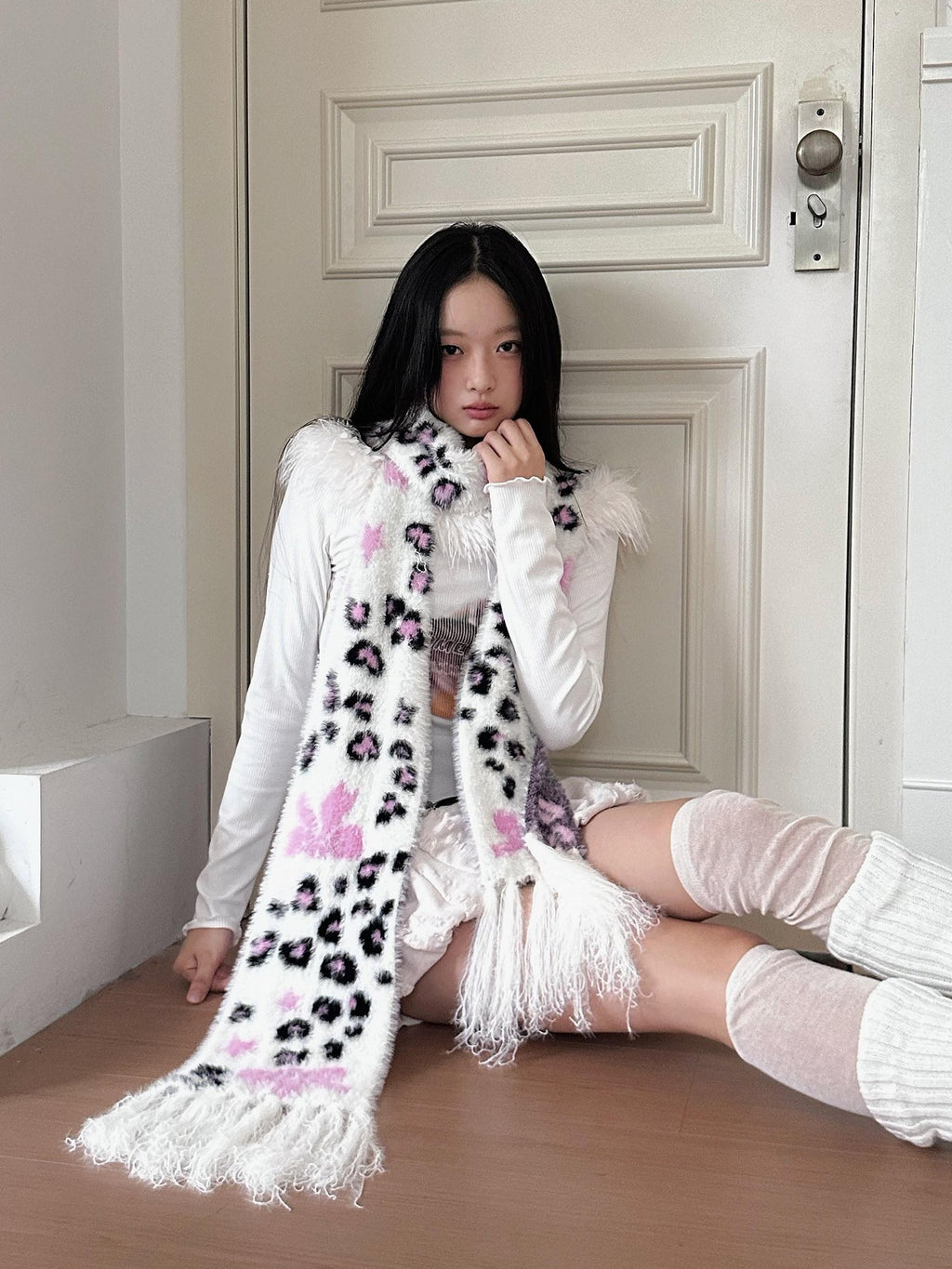 No nuts Cute Bow Leopard Print Women's Faux Mink Knit Extra Long Warm Scarves & Shawls