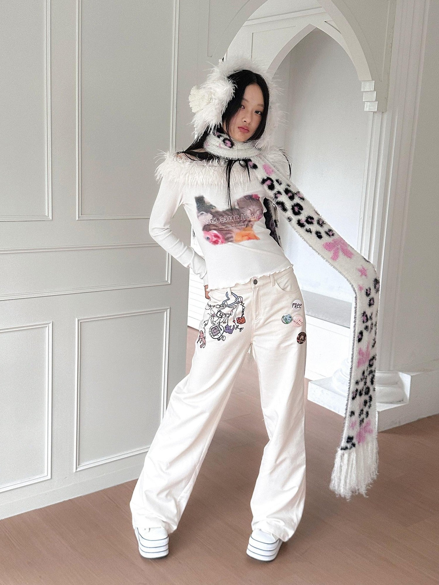 No nuts Cute Bow Leopard Print Women's Faux Mink Knit Extra Long Warm Scarves & Shawls