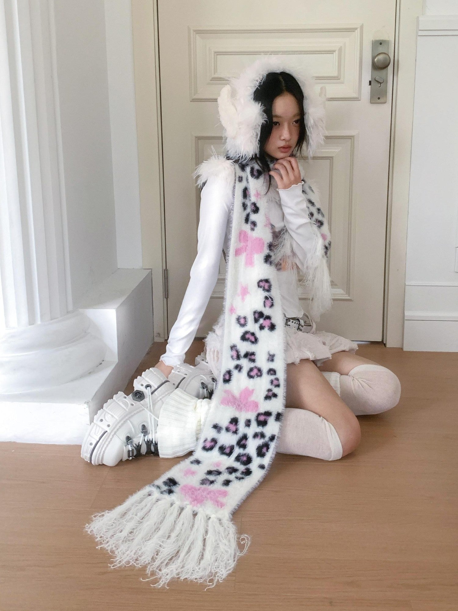 No nuts Cute Bow Leopard Print Women's Faux Mink Knit Extra Long Warm Scarves & Shawls