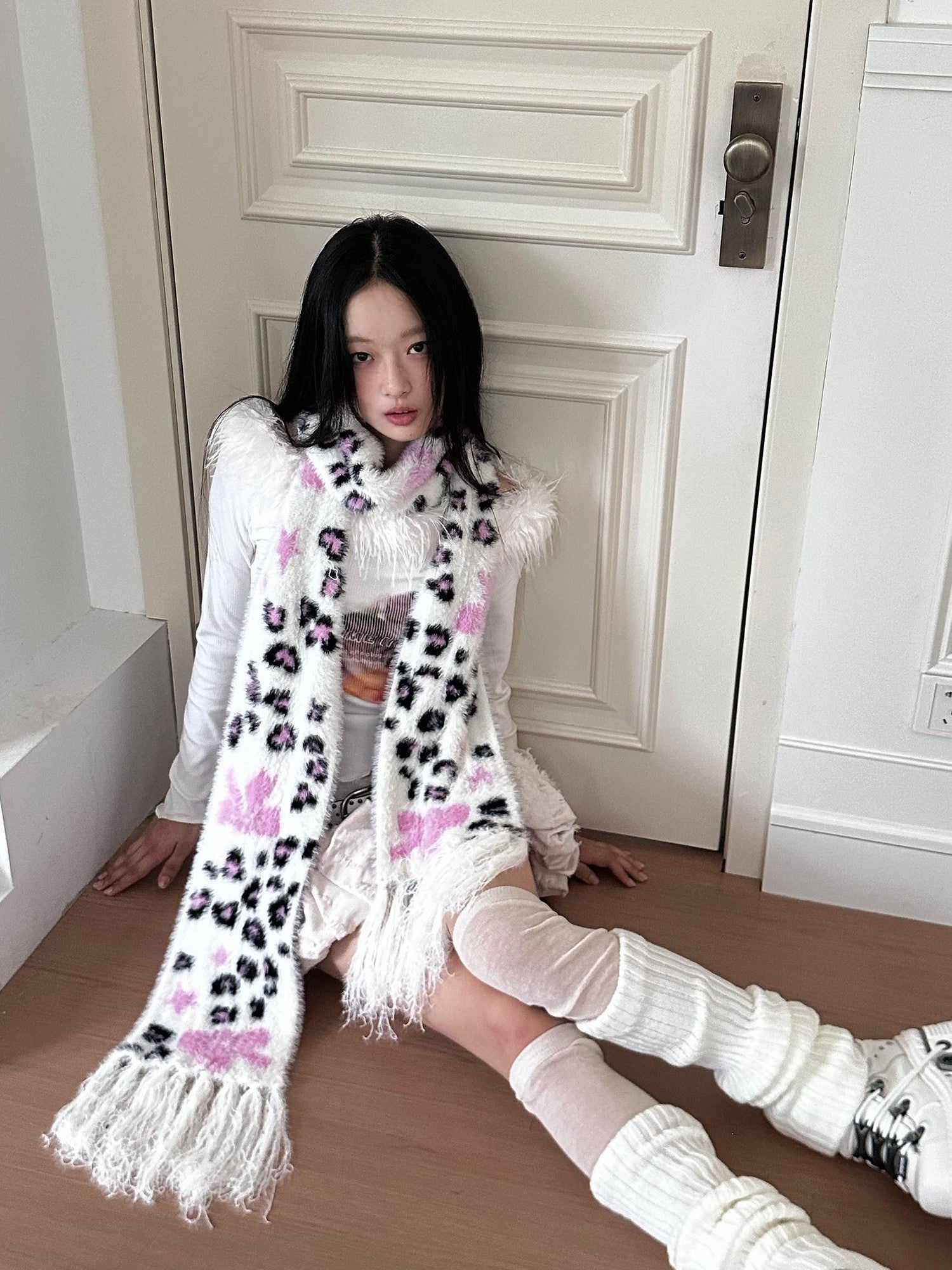 No nuts Cute Bow Leopard Print Women's Faux Mink Knit Extra Long Warm Scarves & Shawls