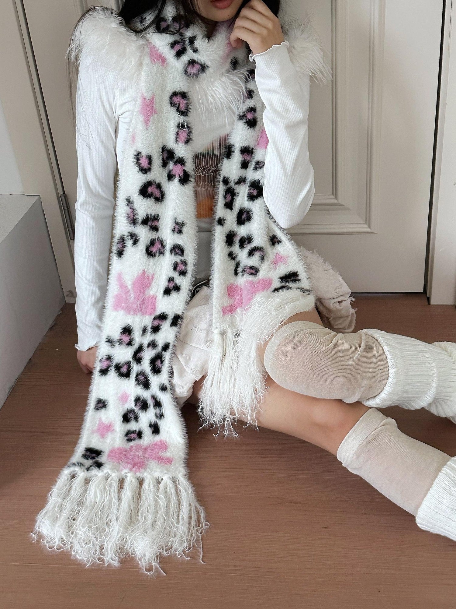 No nuts Cute Bow Leopard Print Women's Faux Mink Knit Extra Long Warm Scarves & Shawls