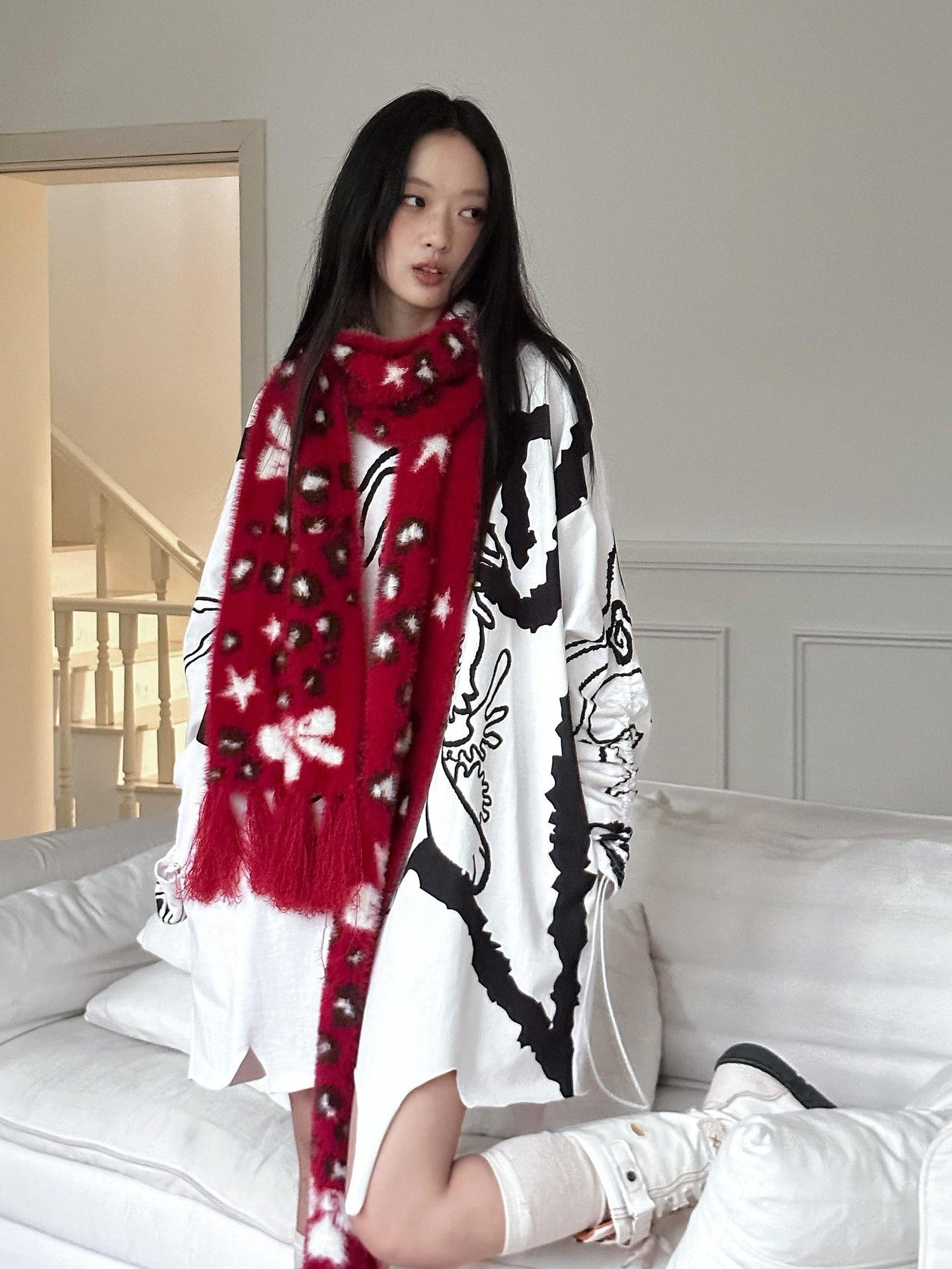 No nuts Cute Bow Leopard Print Women's Faux Mink Knit Extra Long Warm Scarves & Shawls