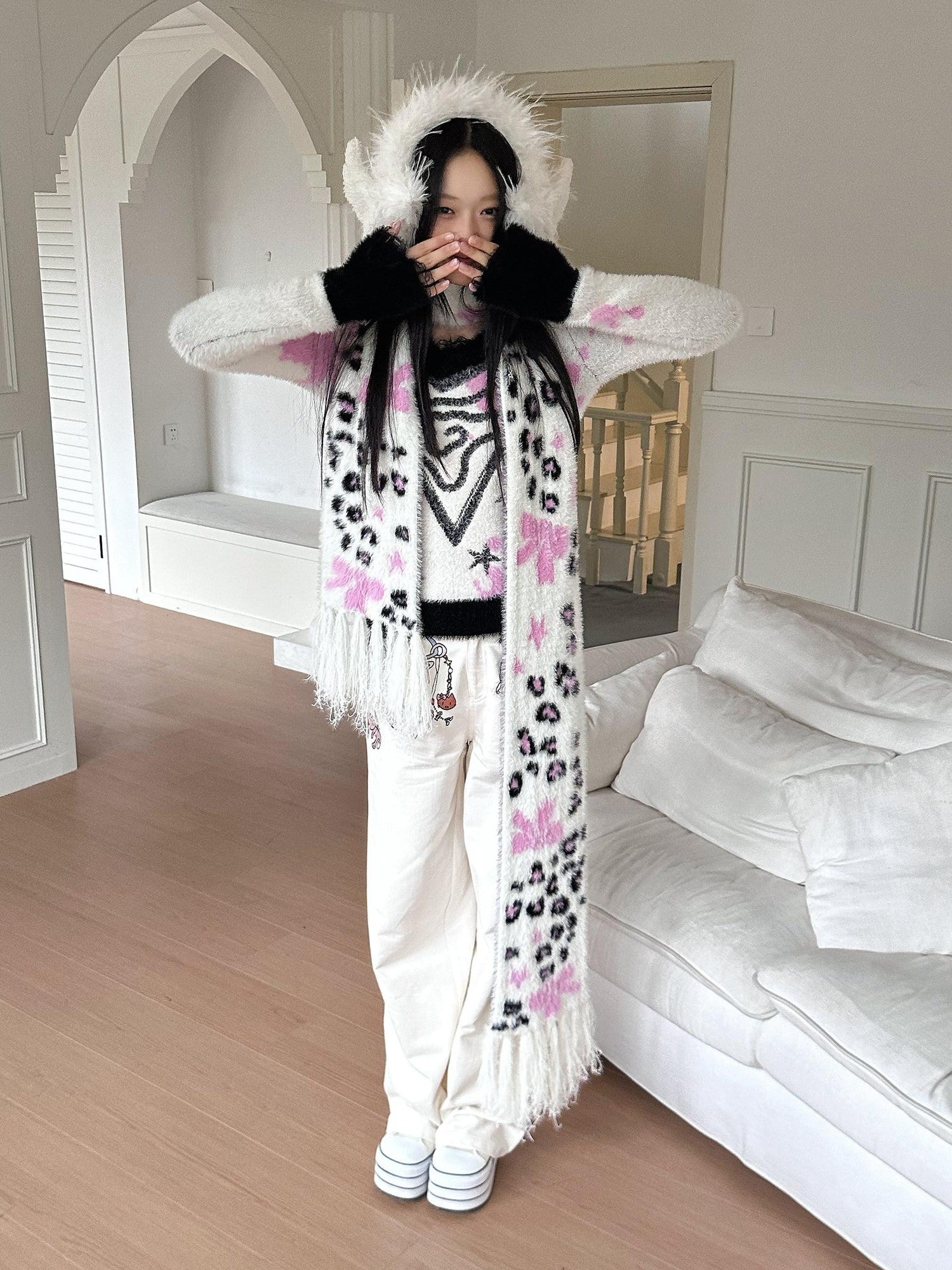 No nuts Cute Bow Leopard Print Women's Faux Mink Knit Extra Long Warm Scarves & Shawls