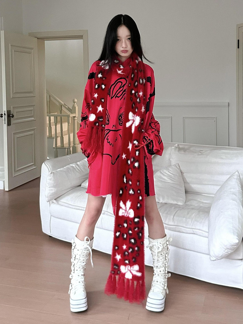 No nuts Cute Bow Leopard Print Women's Faux Mink Knit Extra Long Warm Scarves & Shawls
