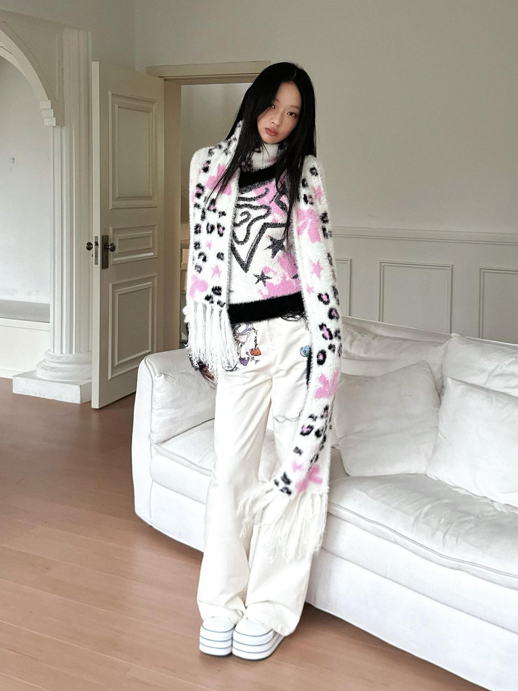 No nuts Cute Bow Leopard Print Women's Faux Mink Knit Extra Long Warm Scarves & Shawls