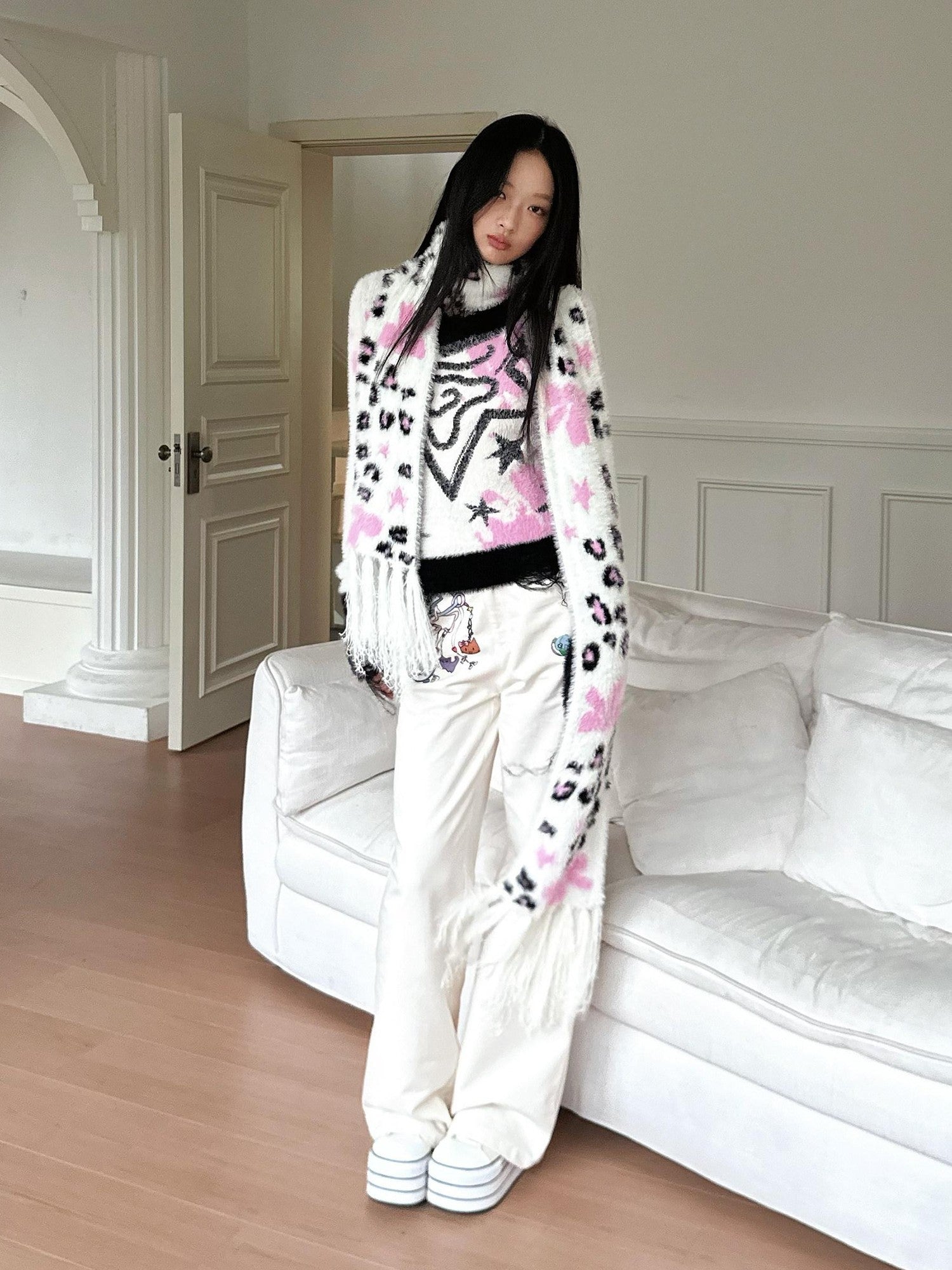 No nuts Cute Bow Leopard Print Women's Faux Mink Knit Extra Long Warm Scarves & Shawls